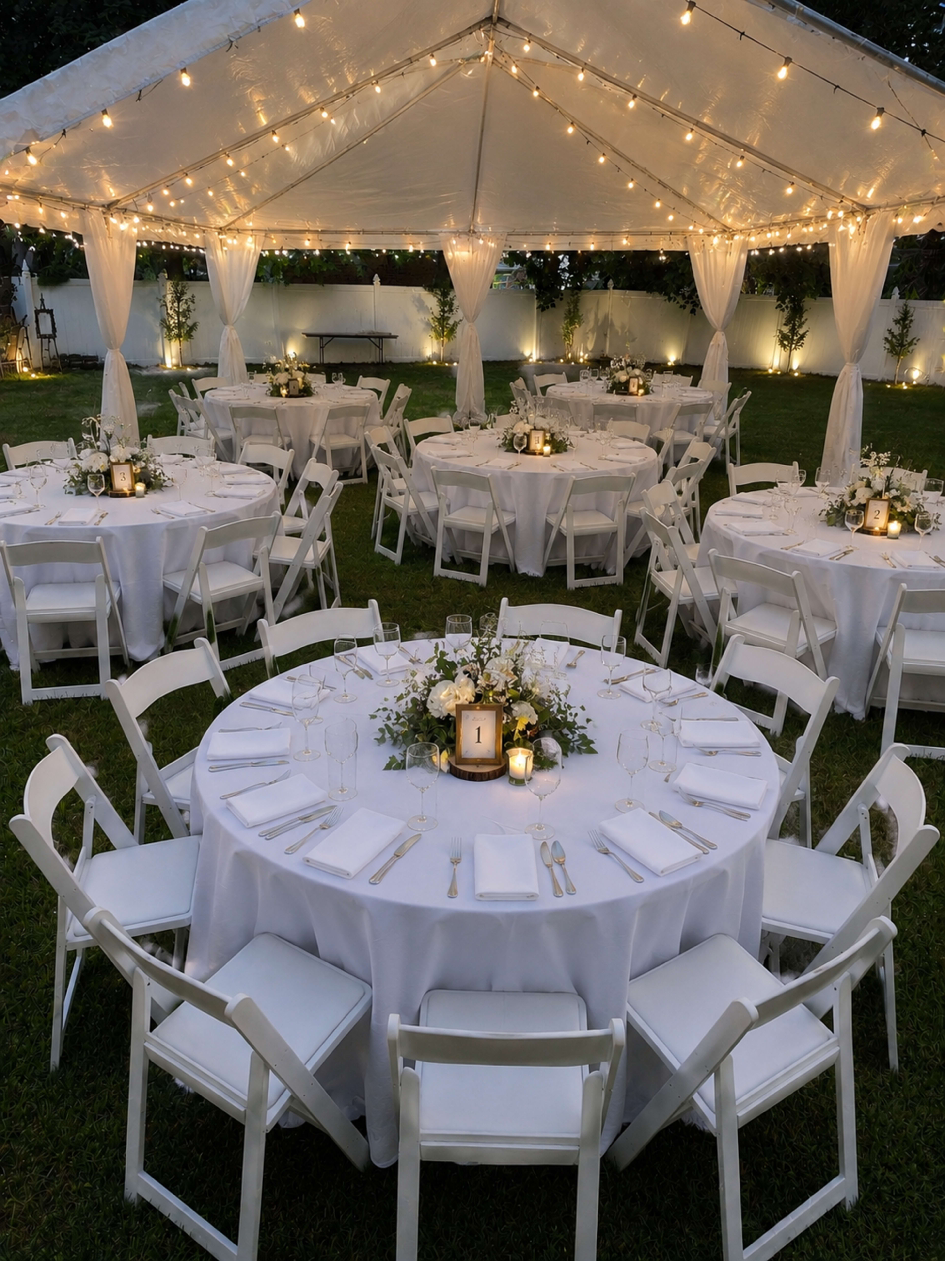 A tented outdoor venue features round tables set with white tablecloths, centerpieces, and soft lighting provided by string lights above.