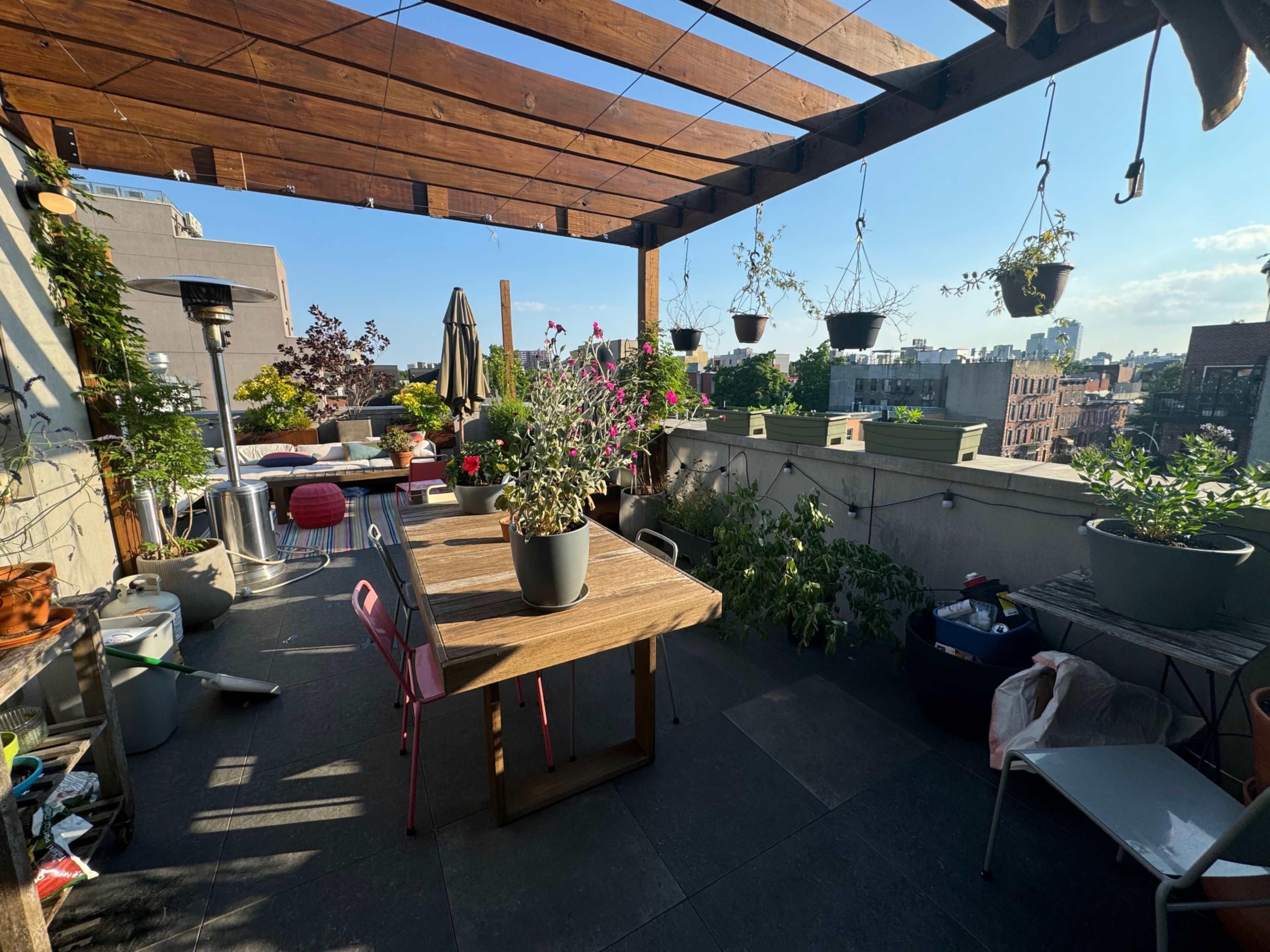 The image shows a rooftop terrace with wooden beams, various potted plants, outdoor furniture, and a city skyline in the background.