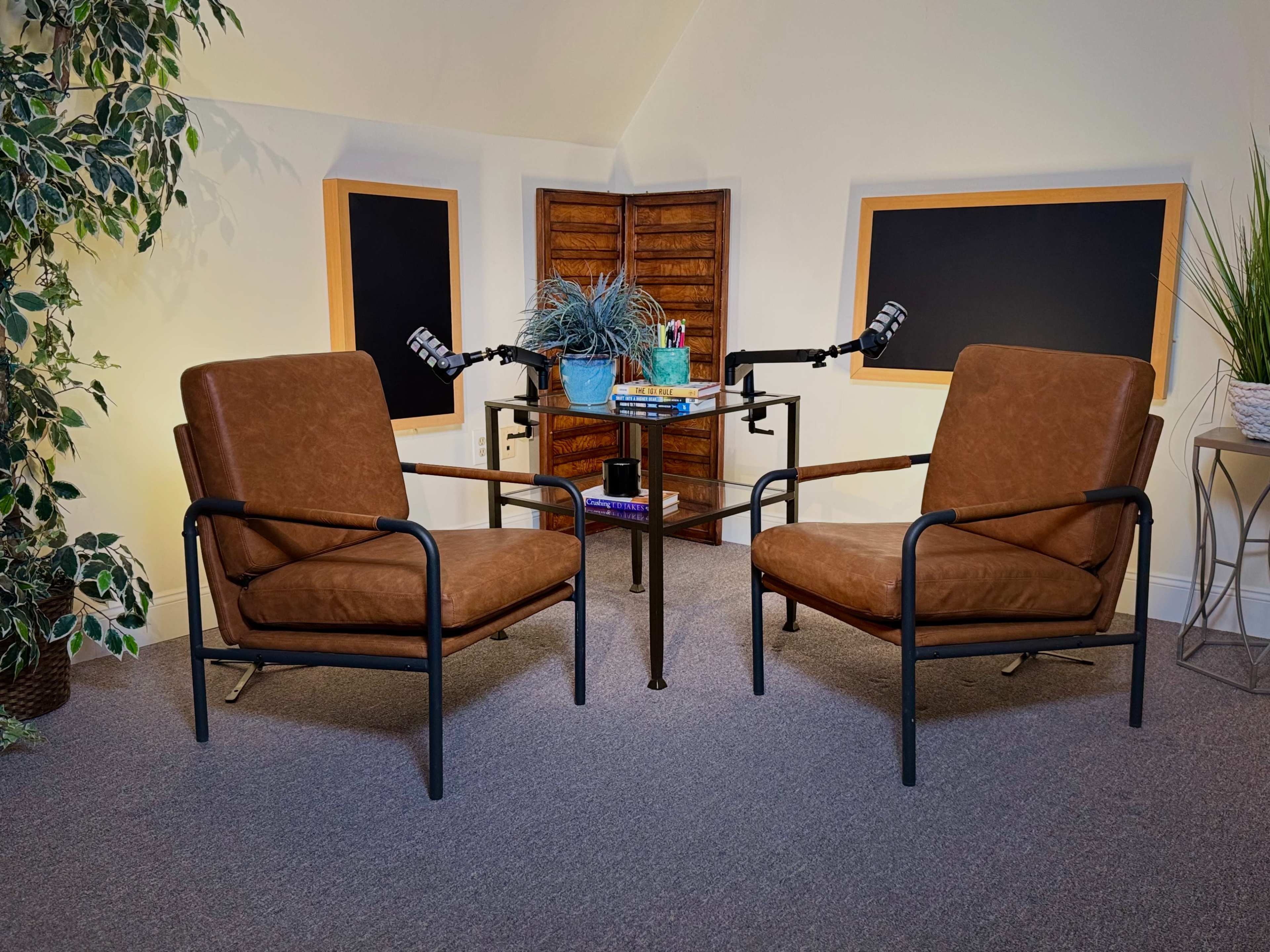 The image shows a small interview setup with two brown chairs facing each other, a glass table in the center, and plants in the background.