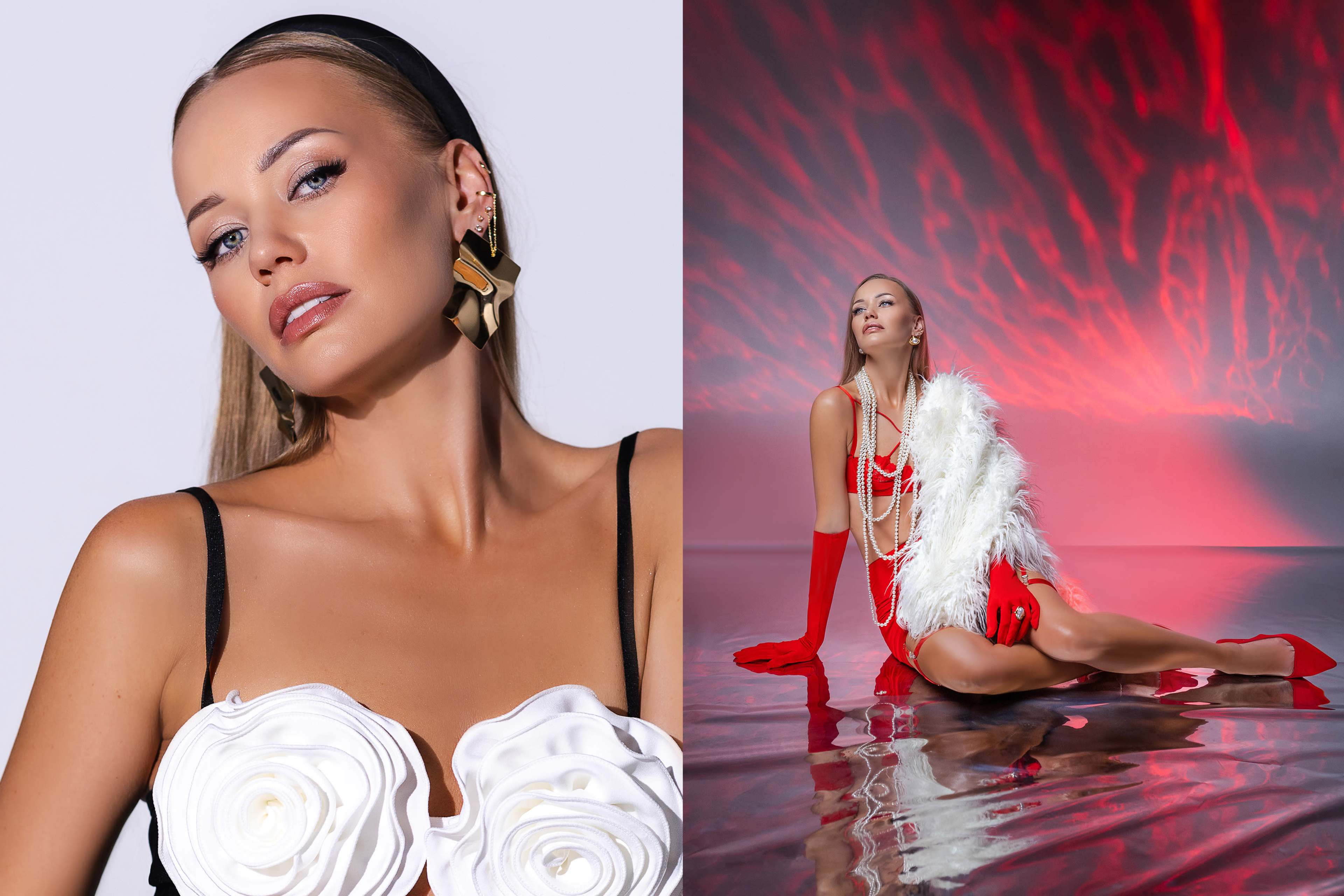 The image features a woman modeling two distinct outfits: one with a white floral design, and the other in a red dress adorned with pearls and a feather boa.