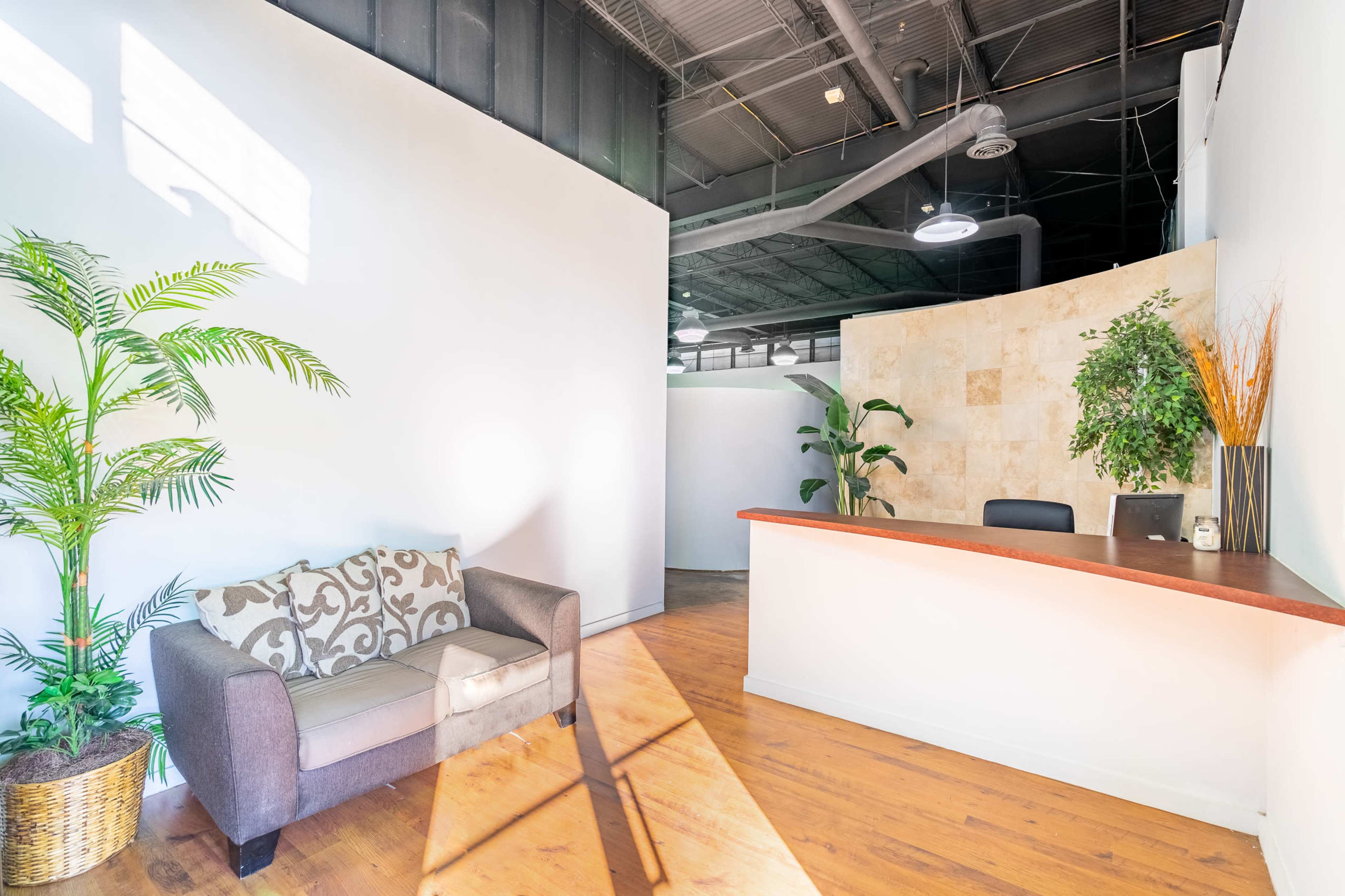 The image shows a reception area with a couch, a desk, and potted plants against a bright, white wall.