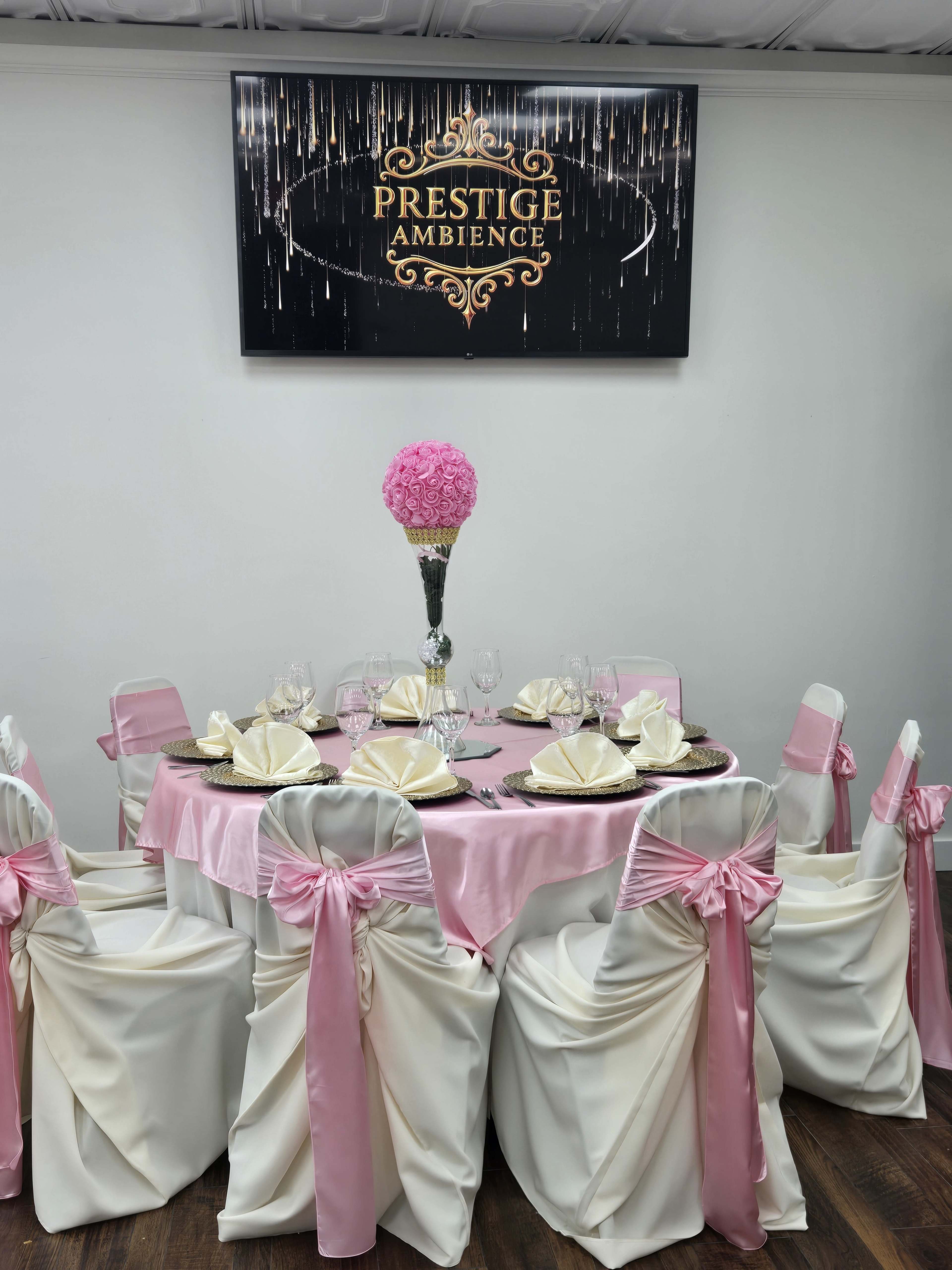 A round dining table is elegantly set with pink and white decorations, featuring a tall floral centerpiece and neatly arranged tableware.