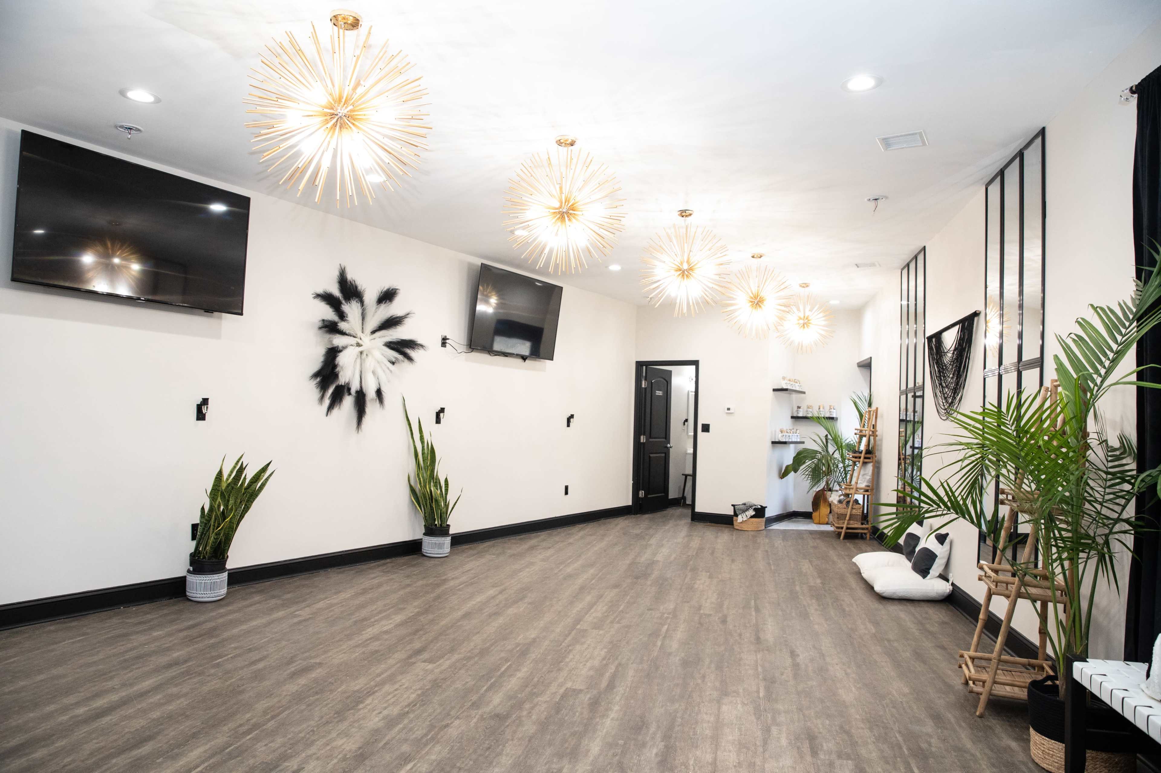 A spacious, well-lit room featuring modern light fixtures, two televisions on the walls, decorative plants, and a minimalist design.