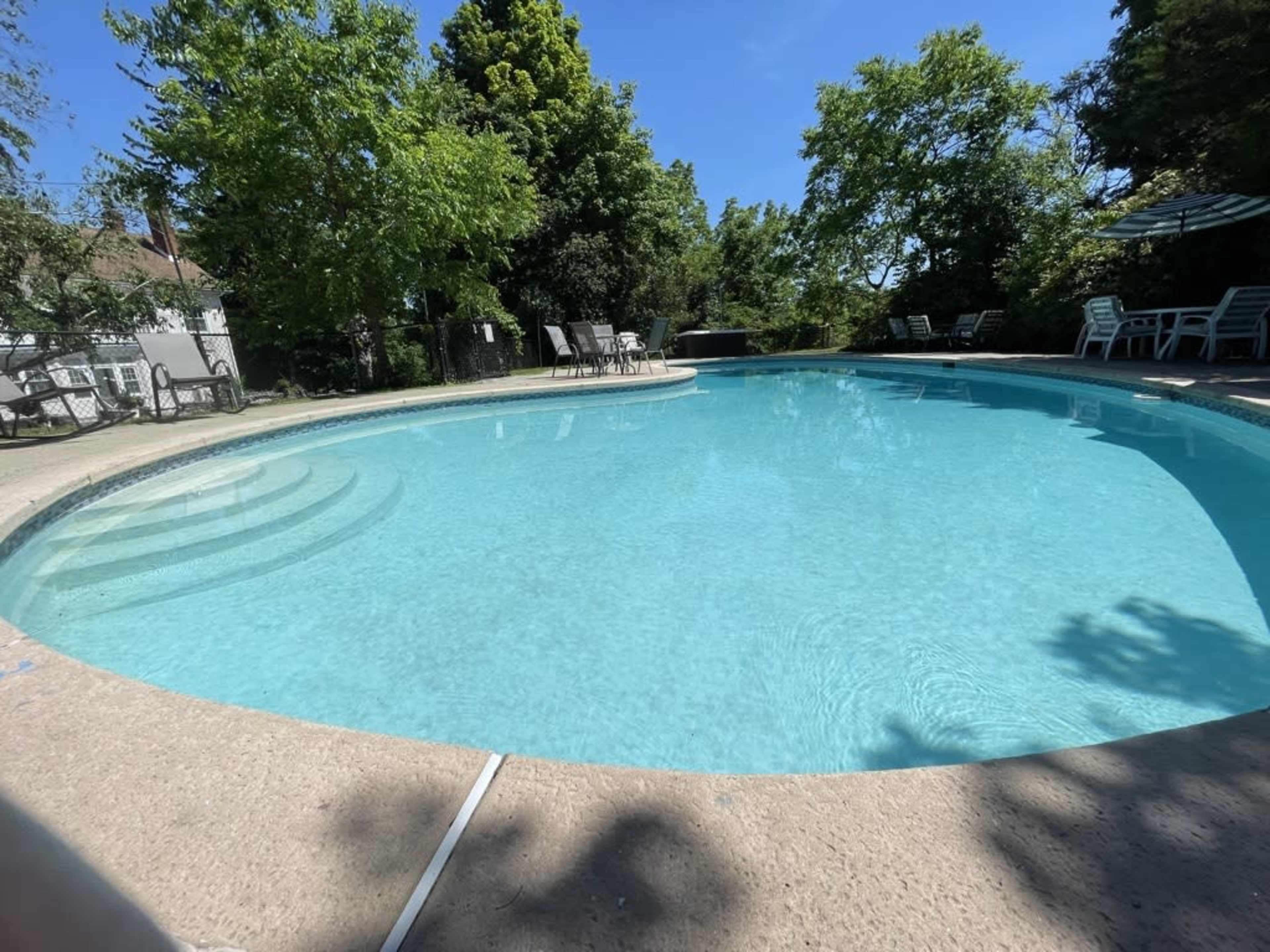 The image shows a clear swimming pool surrounded by green trees and lounge chairs under a blue sky.