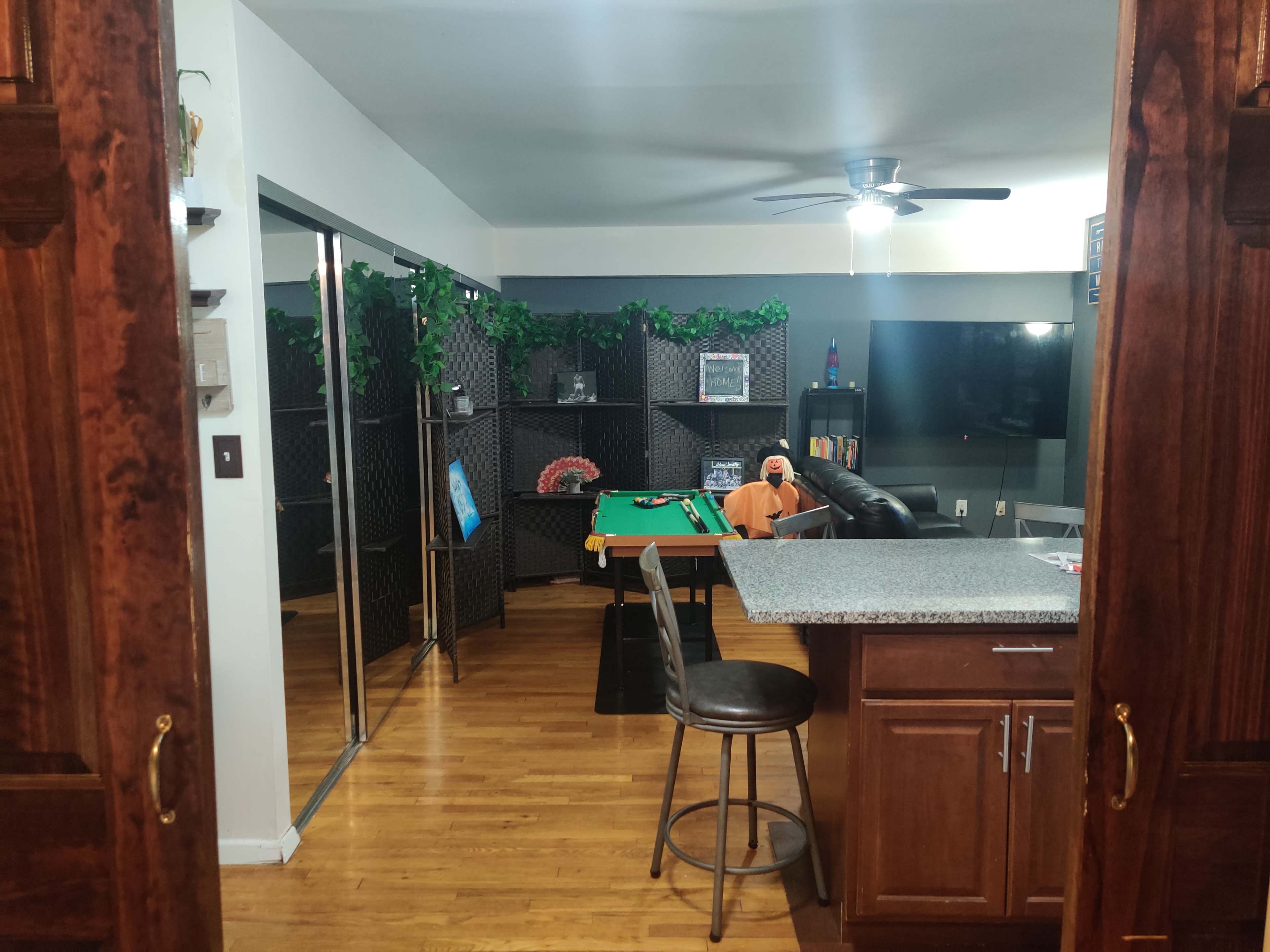 A game room featuring a pool table, a black couch, and a small kitchen counter visible from an open doorway.