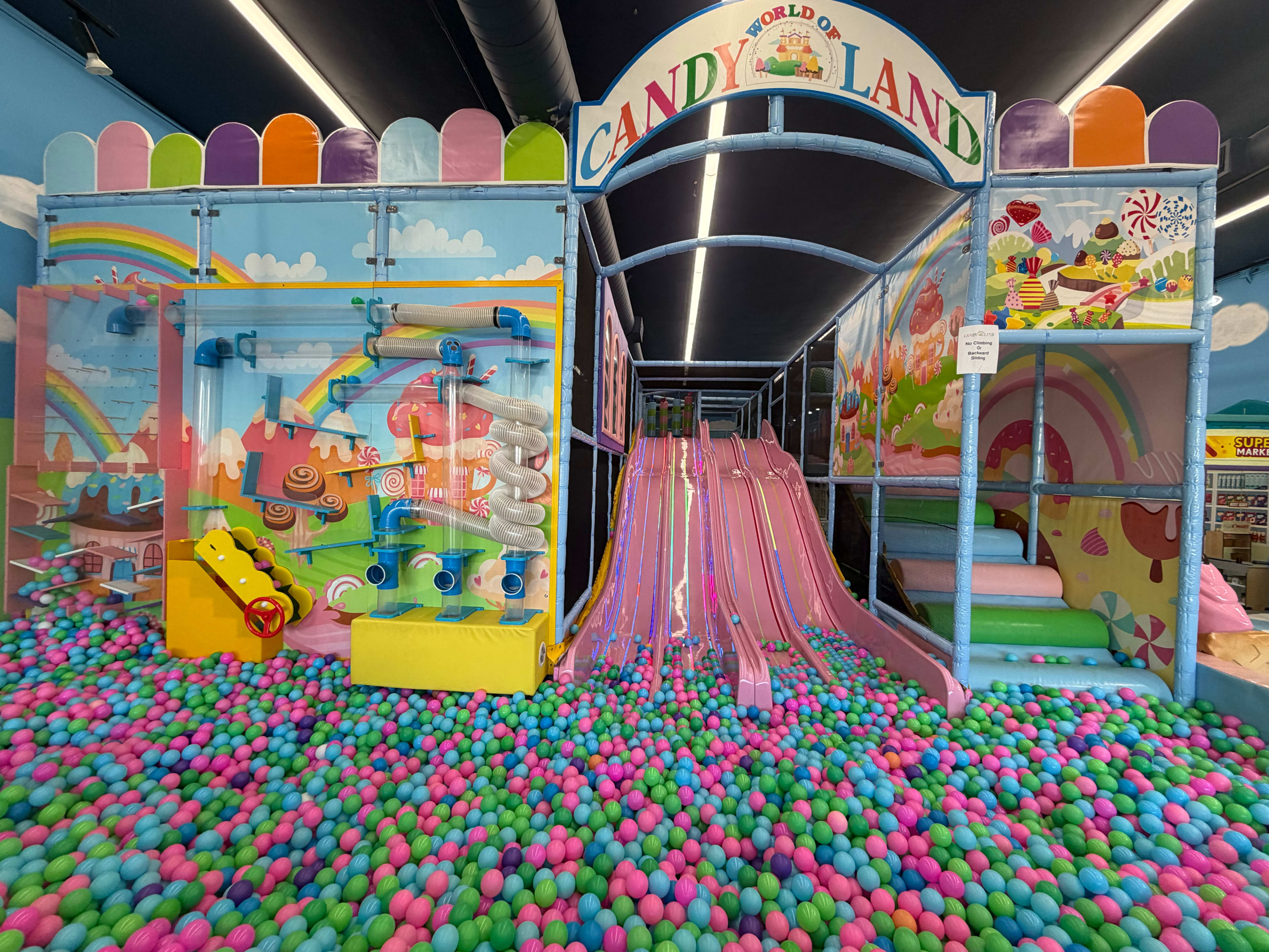 The image shows an indoor play area called "World of Candy Land," featuring colorful slides and a large ball pit filled with pastel-colored balls.