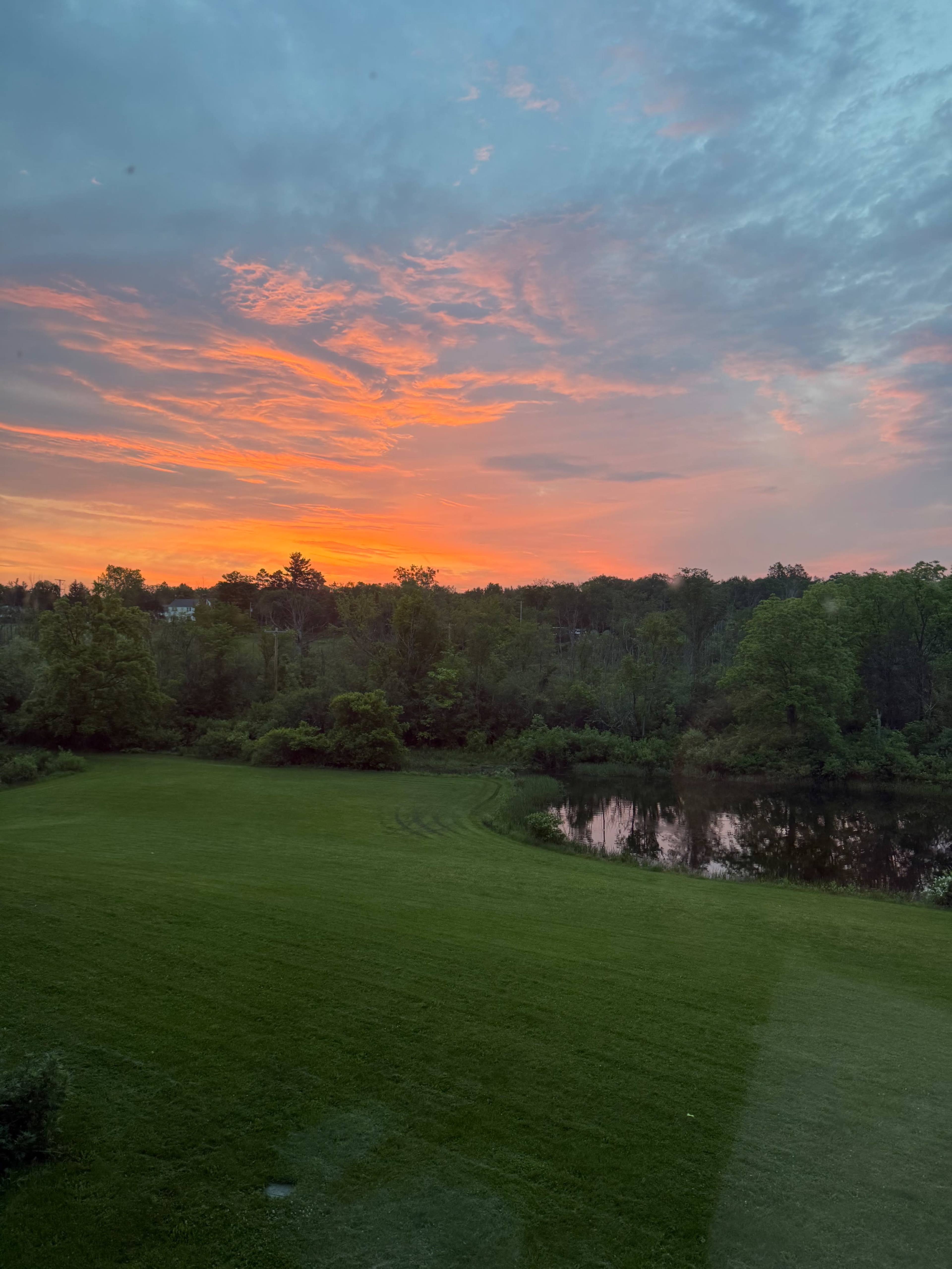 The image shows a vibrant sunset over a green field and a calm pond surrounded by trees.