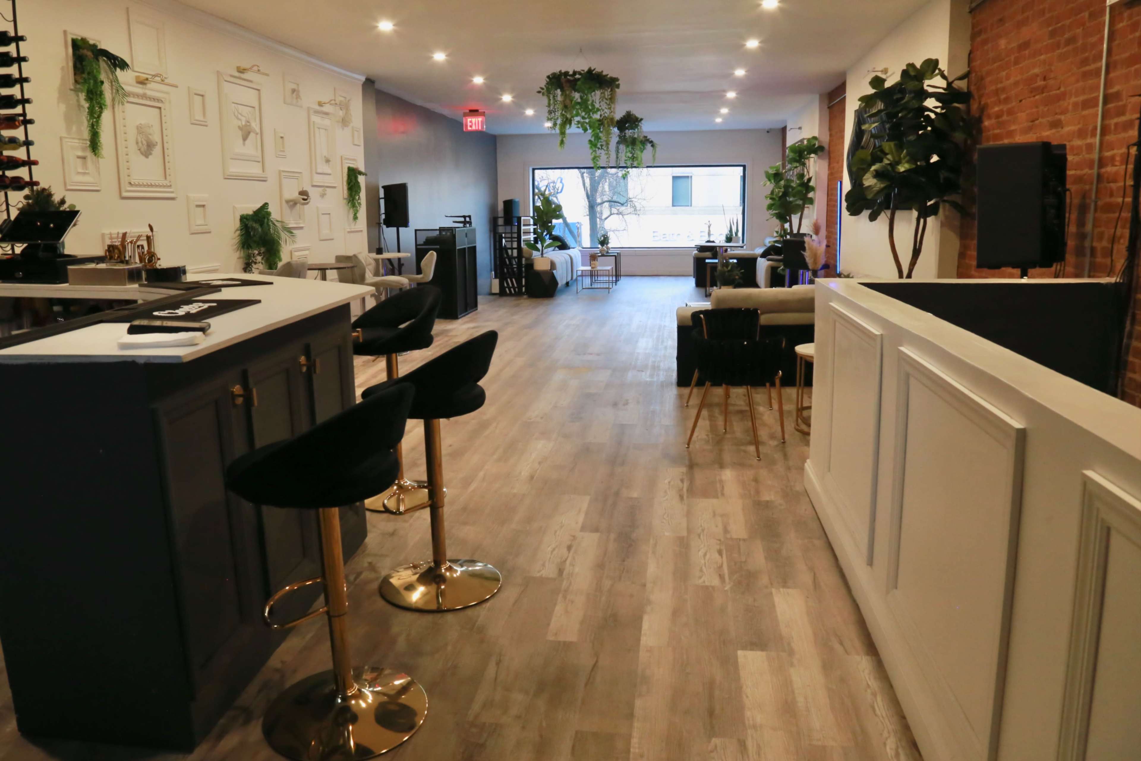 A modern, open space with a bar area and several seating arrangements, featuring plants and decorative wall art.