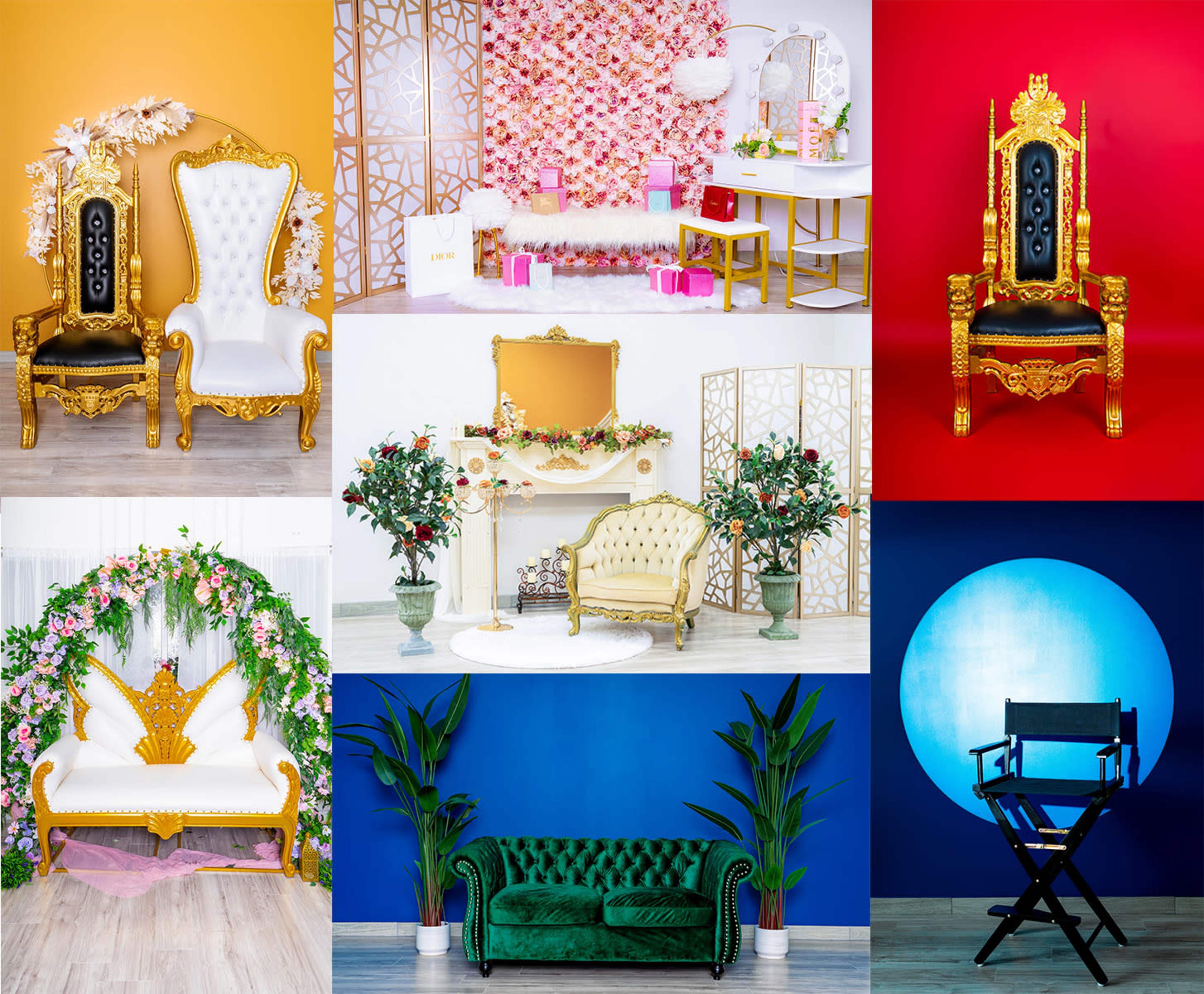 The image features a collage of various decorative setups, showcasing different styled chairs and backgrounds in vibrant colors and floral arrangements.