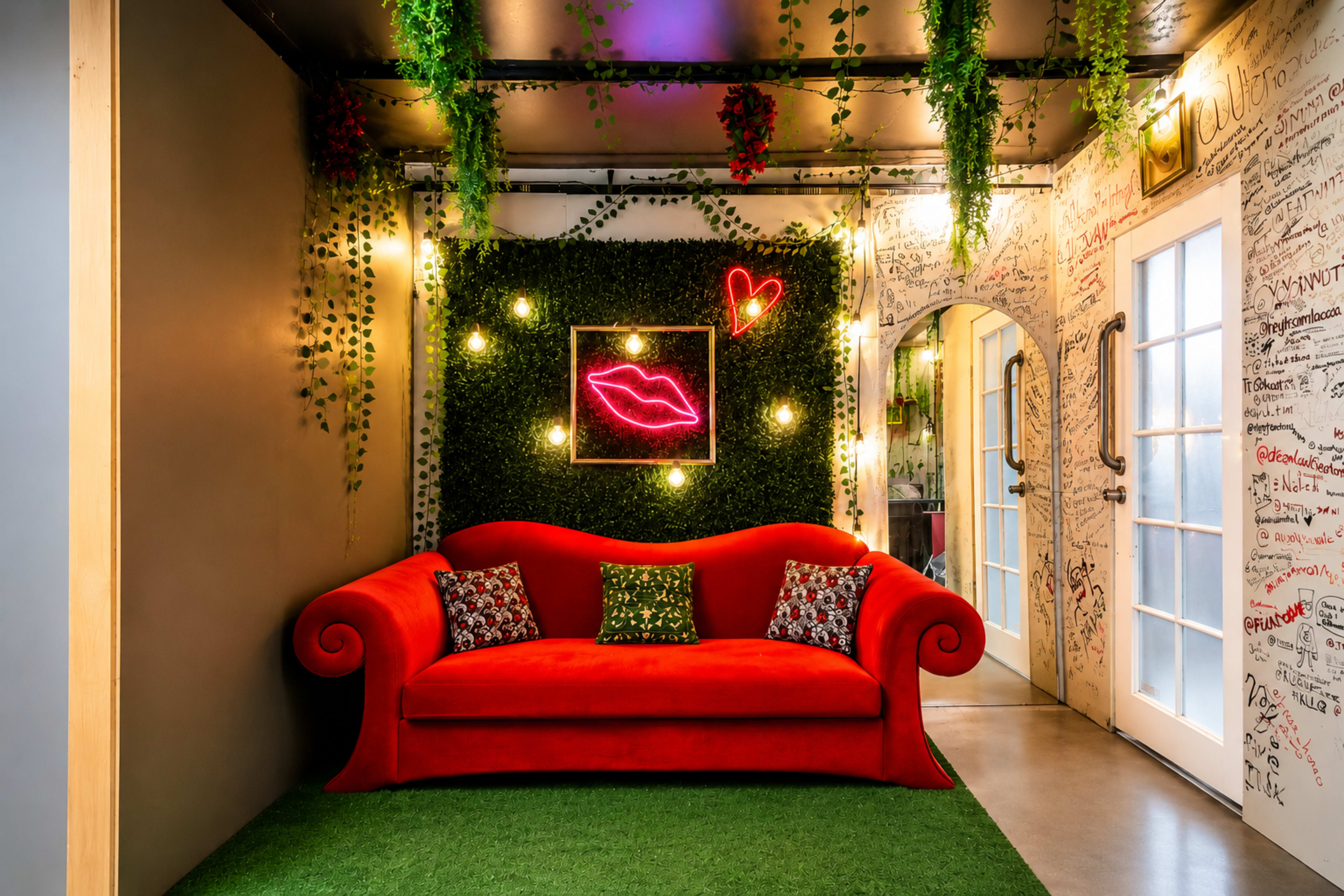 The image shows a cozy lounge area with a red couch, decorative plants on the walls, and neon light art featuring lips and hearts.