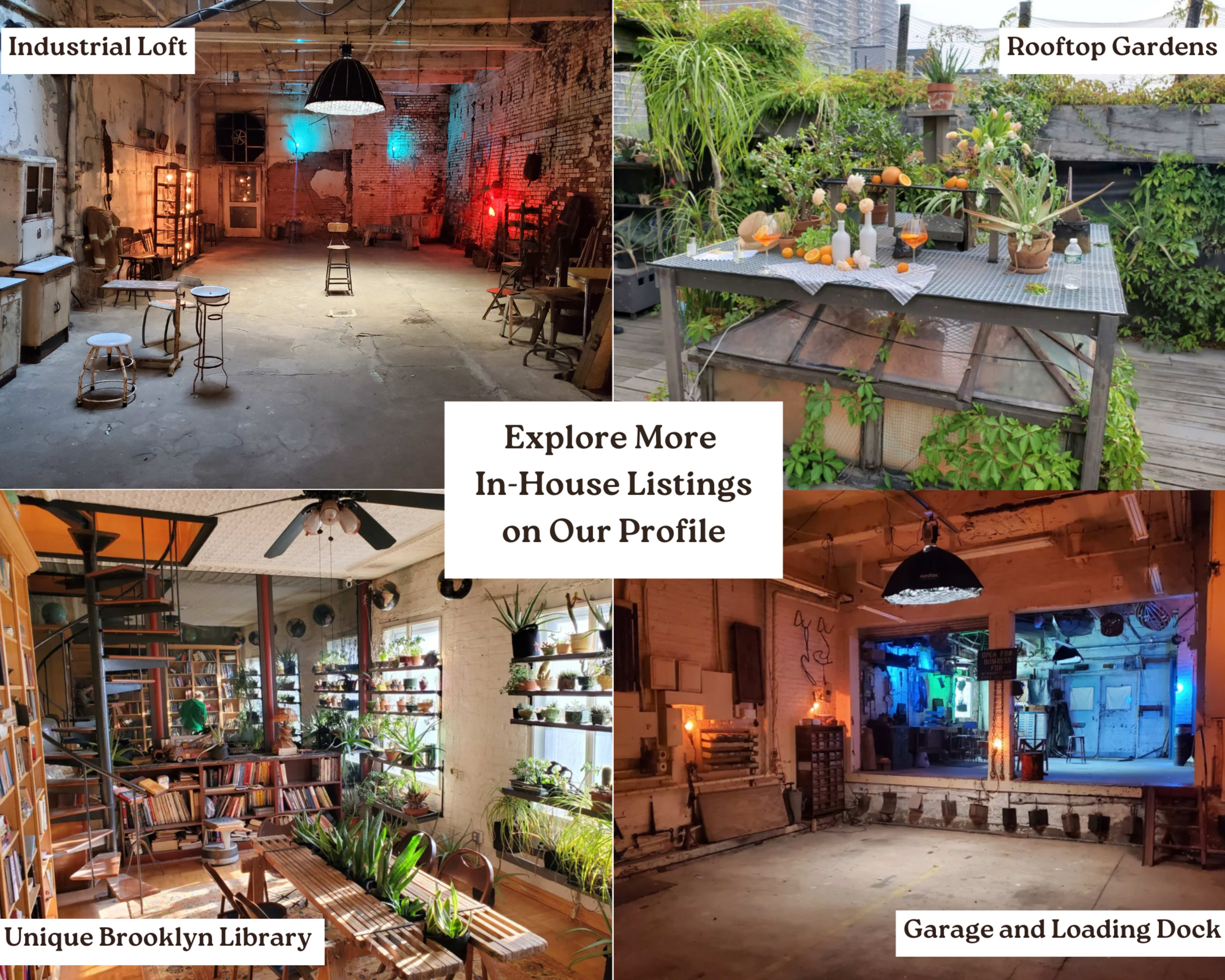 The image features four different spaces: an industrial loft, a rooftop garden, a unique library in Brooklyn, and a garage with a loading dock, all showcasing diverse environments.