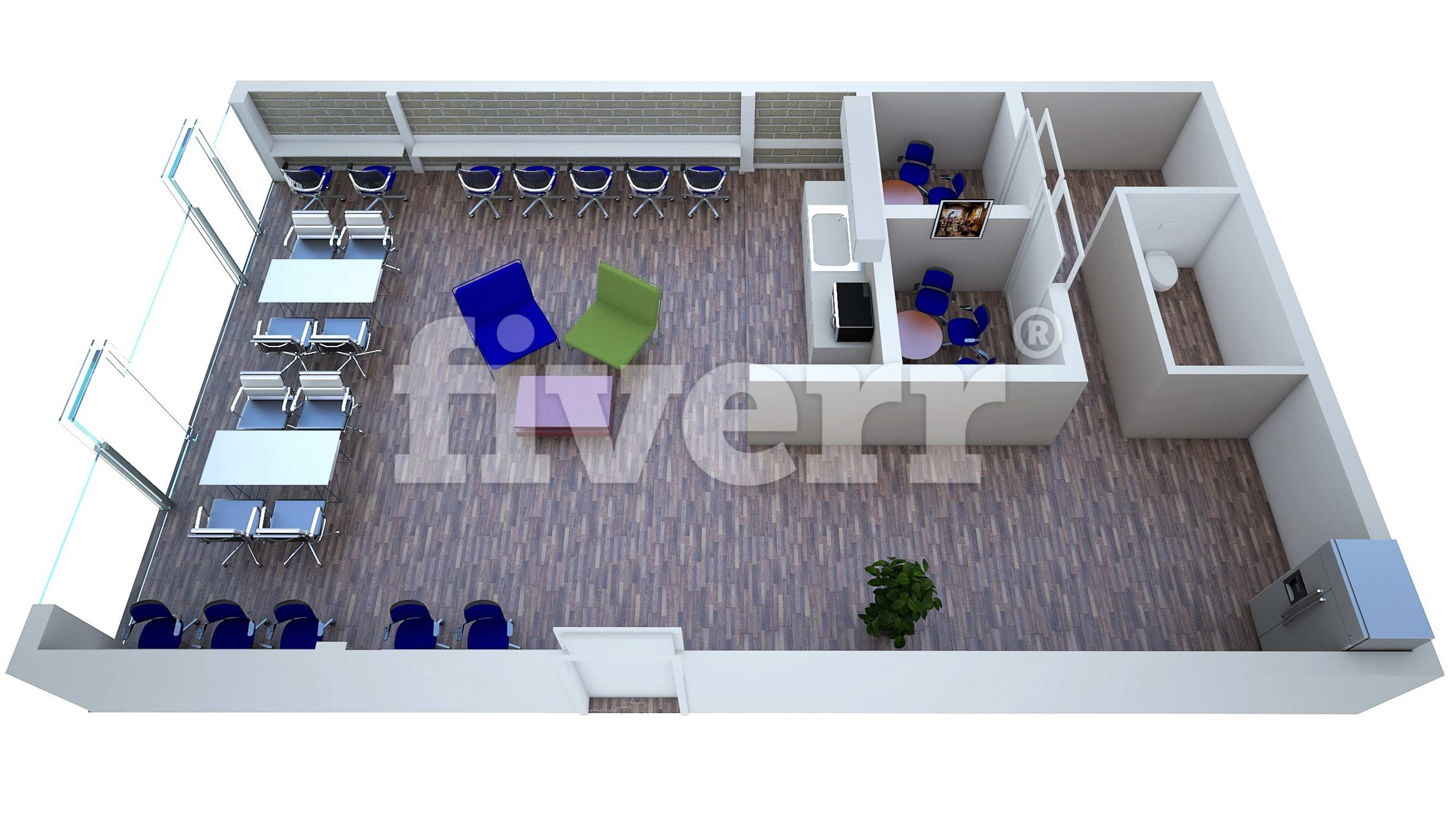 A layout of an office space with workstations, meeting areas, and a small private room.