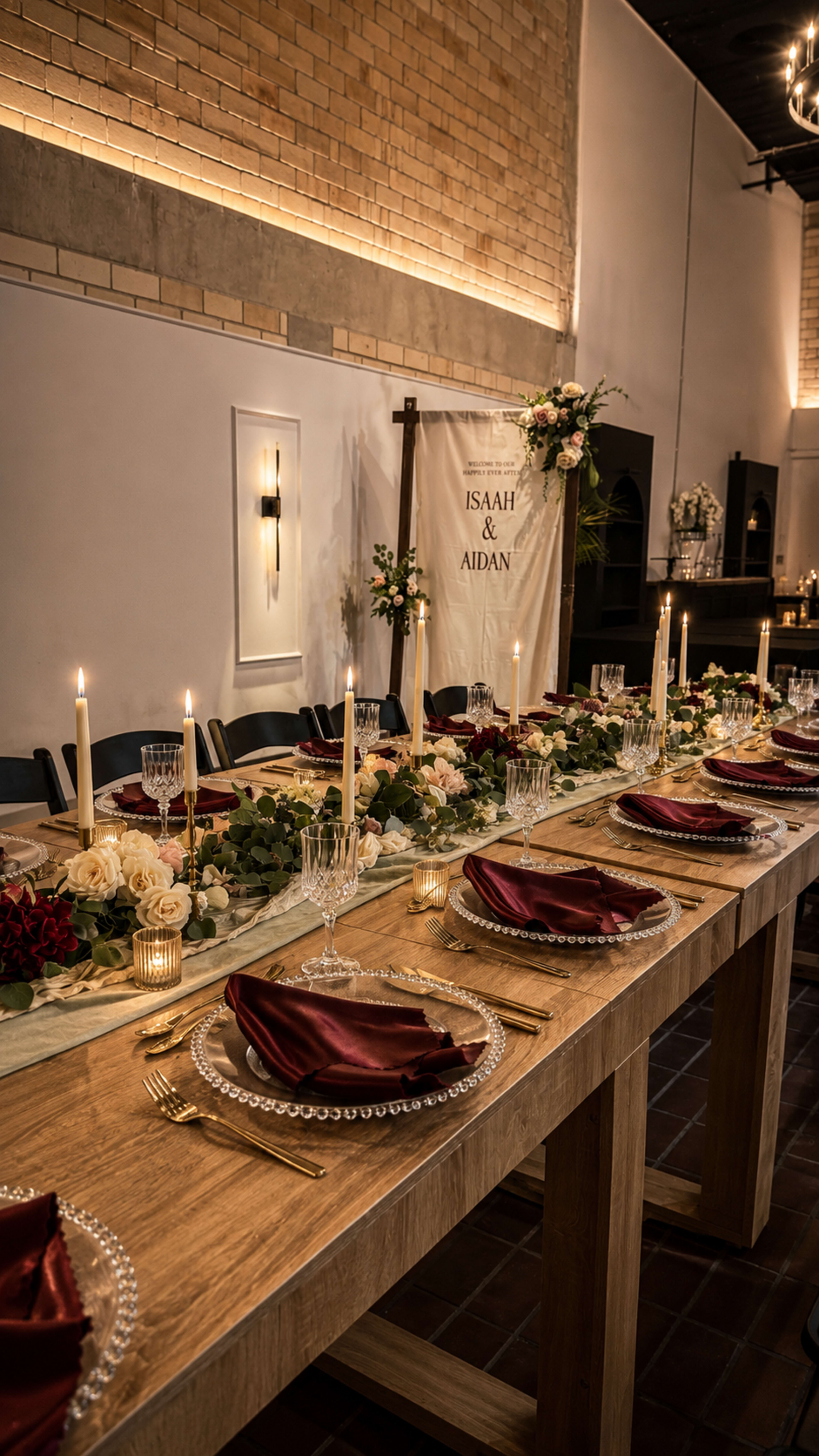 A long wooden table is set for a formal dinner, adorned with white flowers, burgundy napkins, and candlelight, against a backdrop featuring a decorative banner.