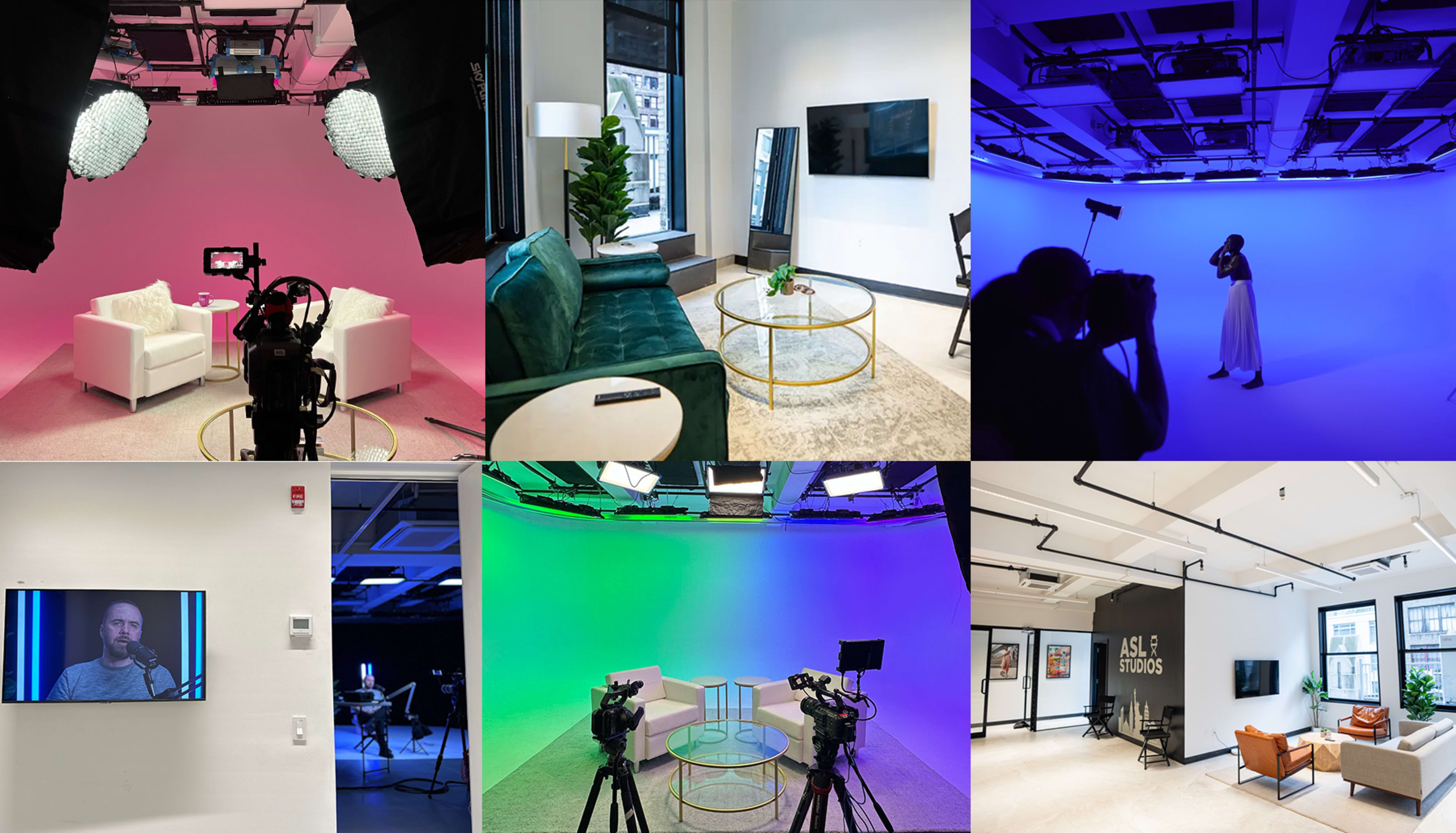 A collage of various studio setups featuring different colored backdrops, seating arrangements, and camera equipment in a professional filming environment.