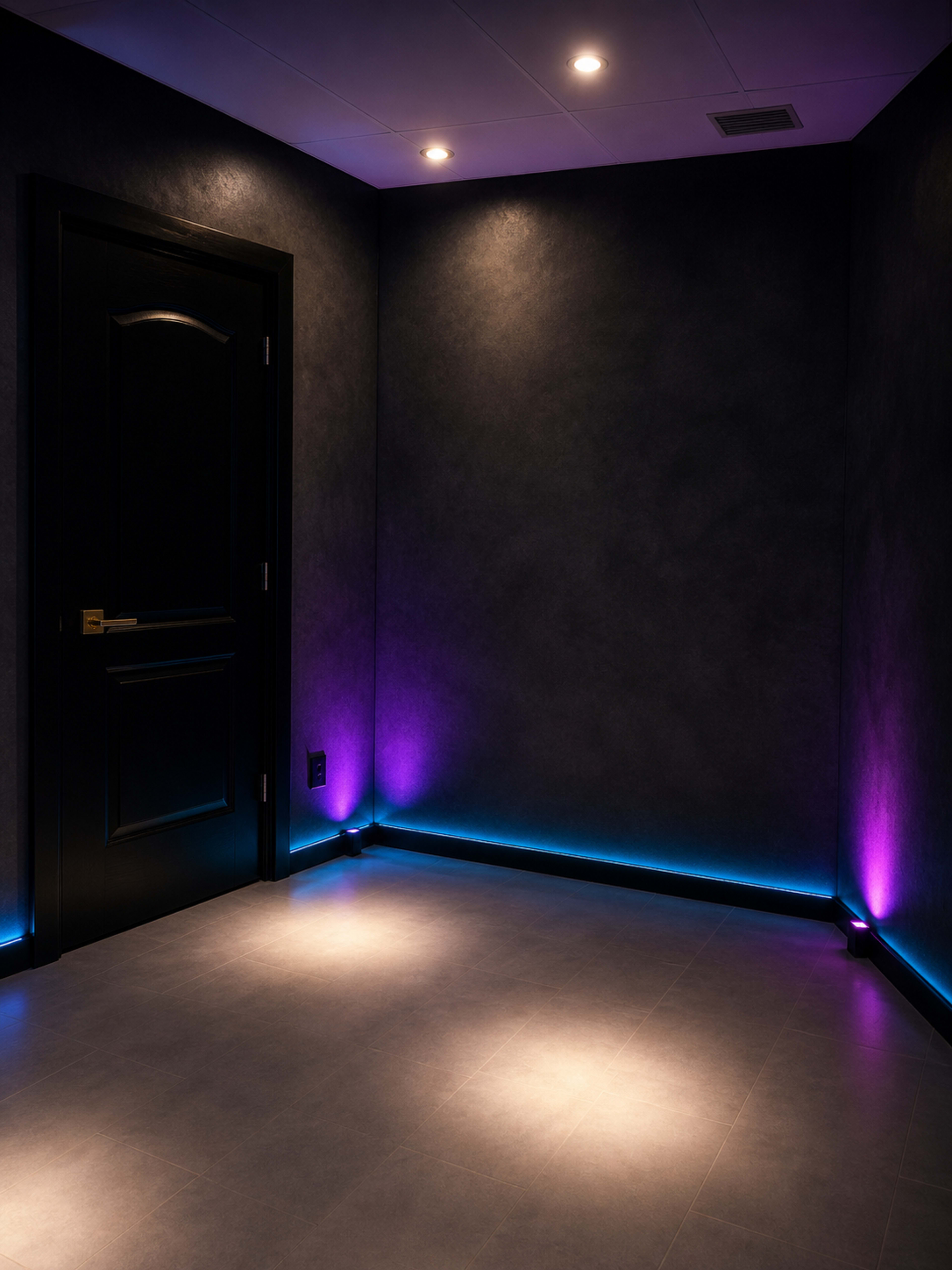 The image shows a dark room with a black door and accent lighting in purple and blue along the base of the walls.