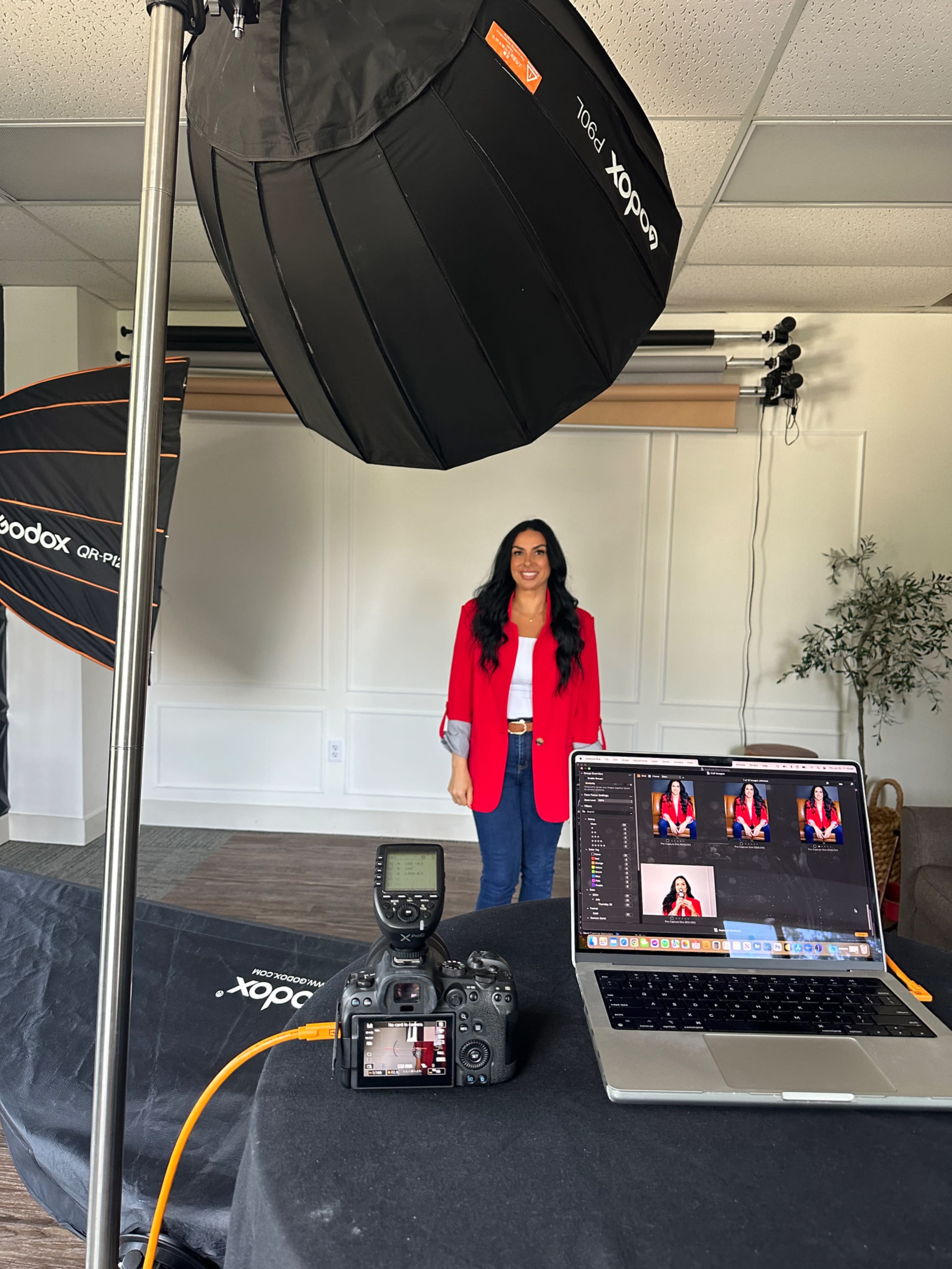 Photo studio with large windows. Two rooms. One is perfect for hair and makeup and branding images. The other has seamless paper, a unique textured wall and couch. Image in Granville Township, Granville, OH