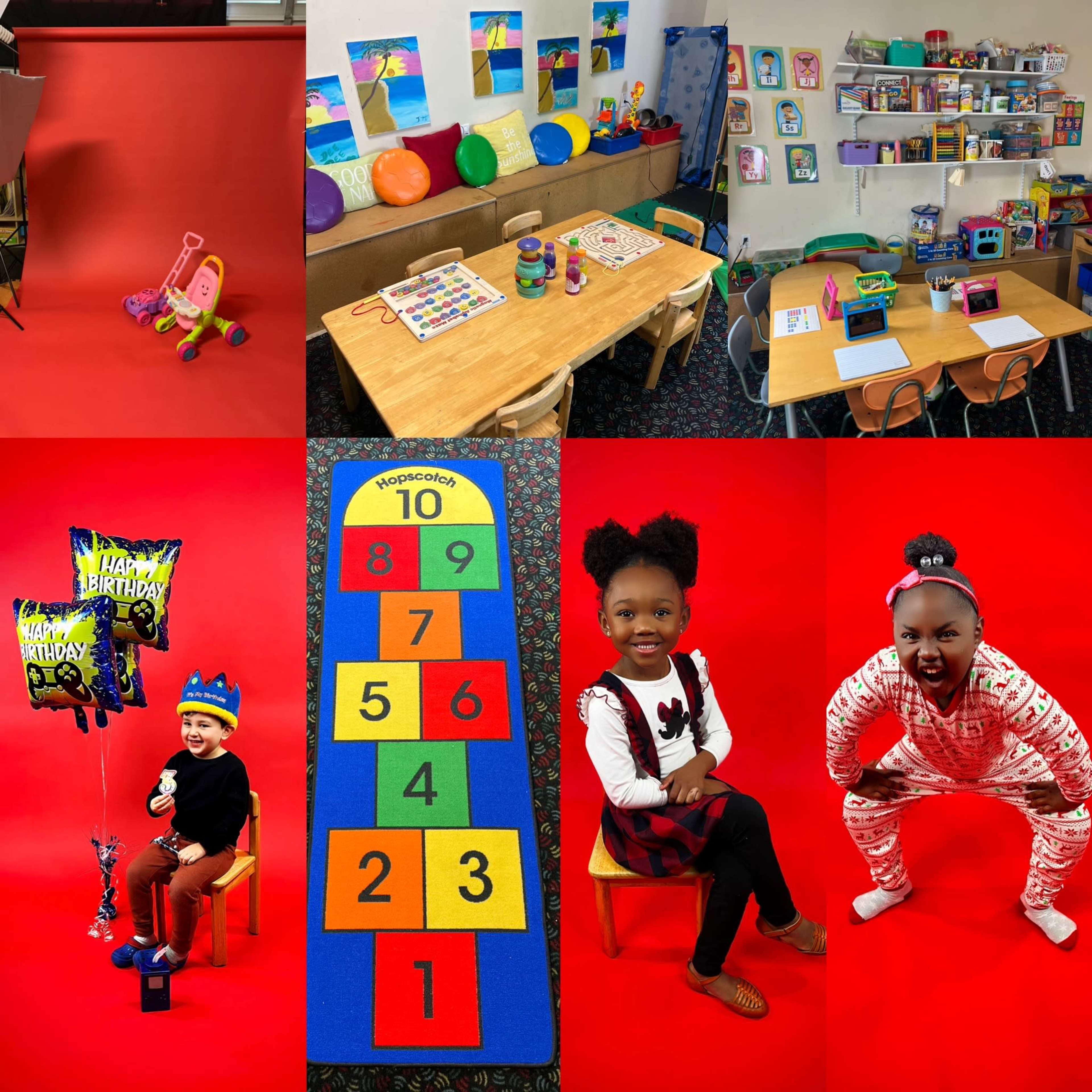 The collage features a colorful classroom setup with various educational toys, a child holding balloons, and two kids posing on red backgrounds.