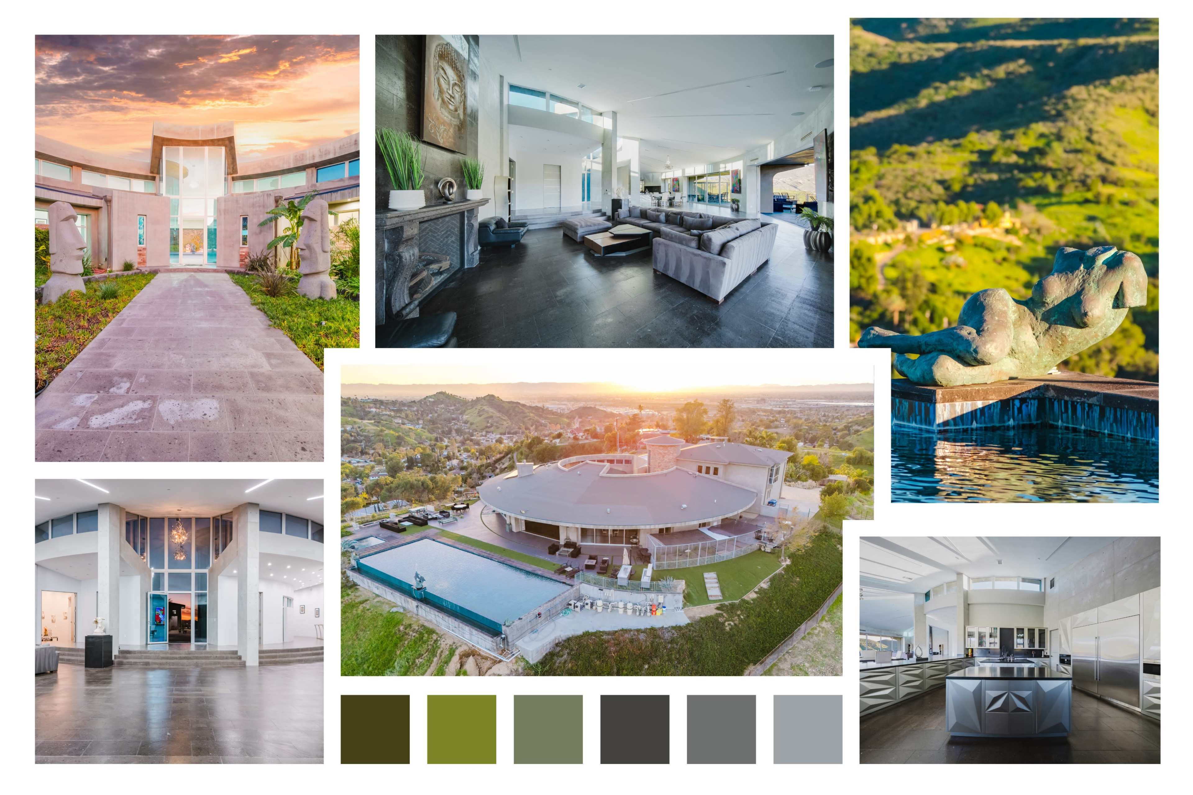 The image showcases a modern luxury home featuring expansive interiors, a circular layout, outdoor views, and an infinity pool, surrounded by scenic landscape.