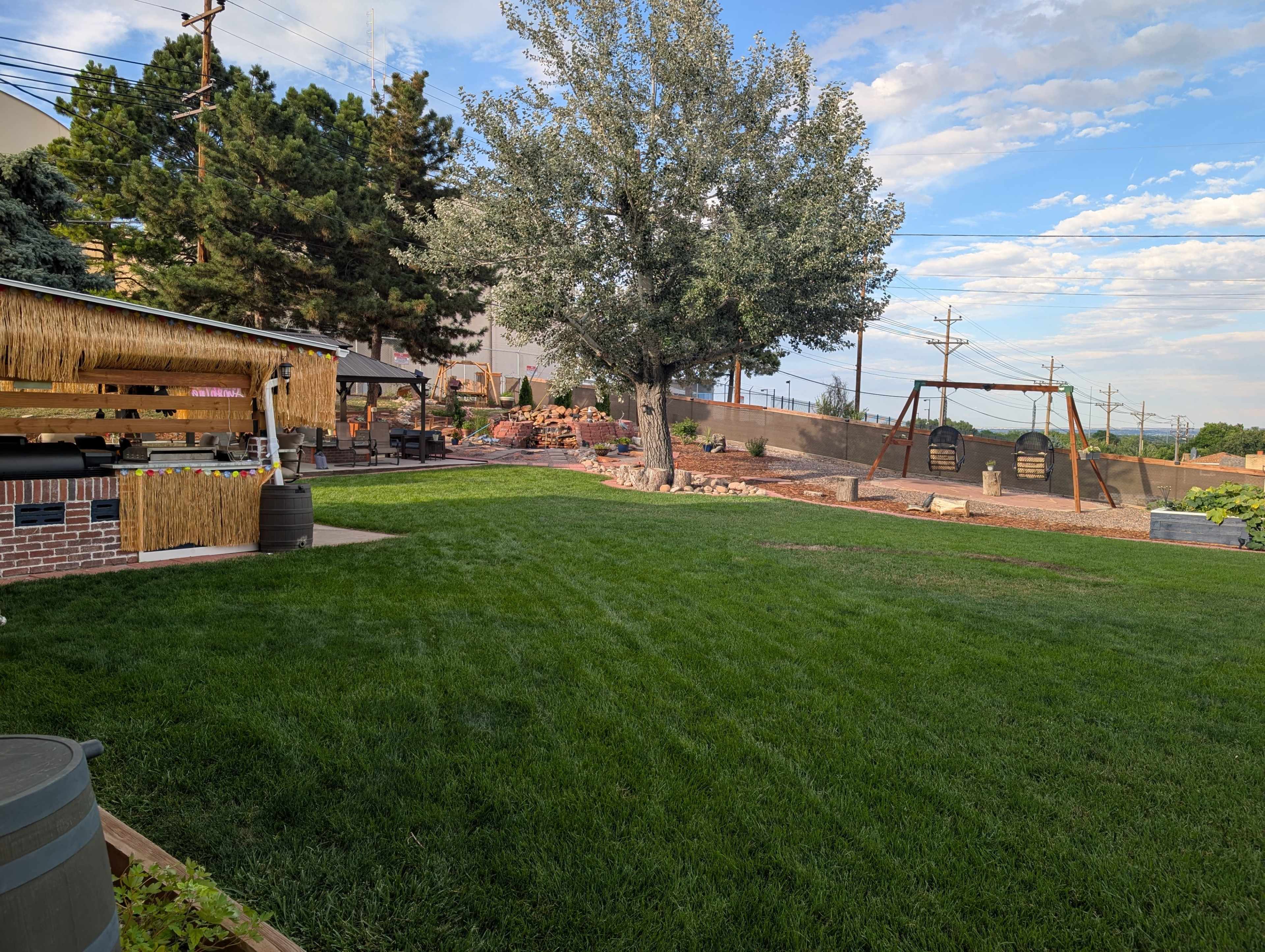 The image shows a well-maintained backyard with a grassy area, a covered bar section, a tree, and a swing set in the background.