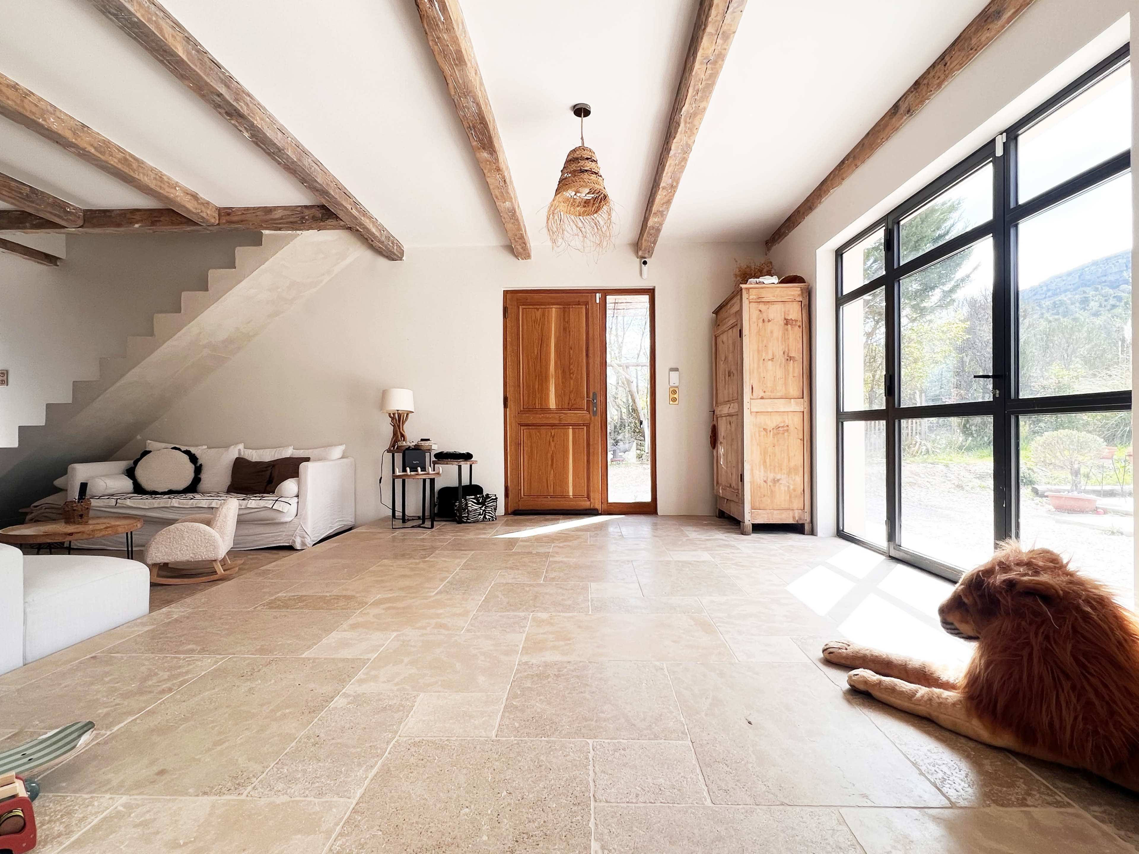 The image shows a spacious, well-lit interior featuring a living area with a sofa, a wooden door leading outside, and a large window, complemented by a dog resting on the stone floor.