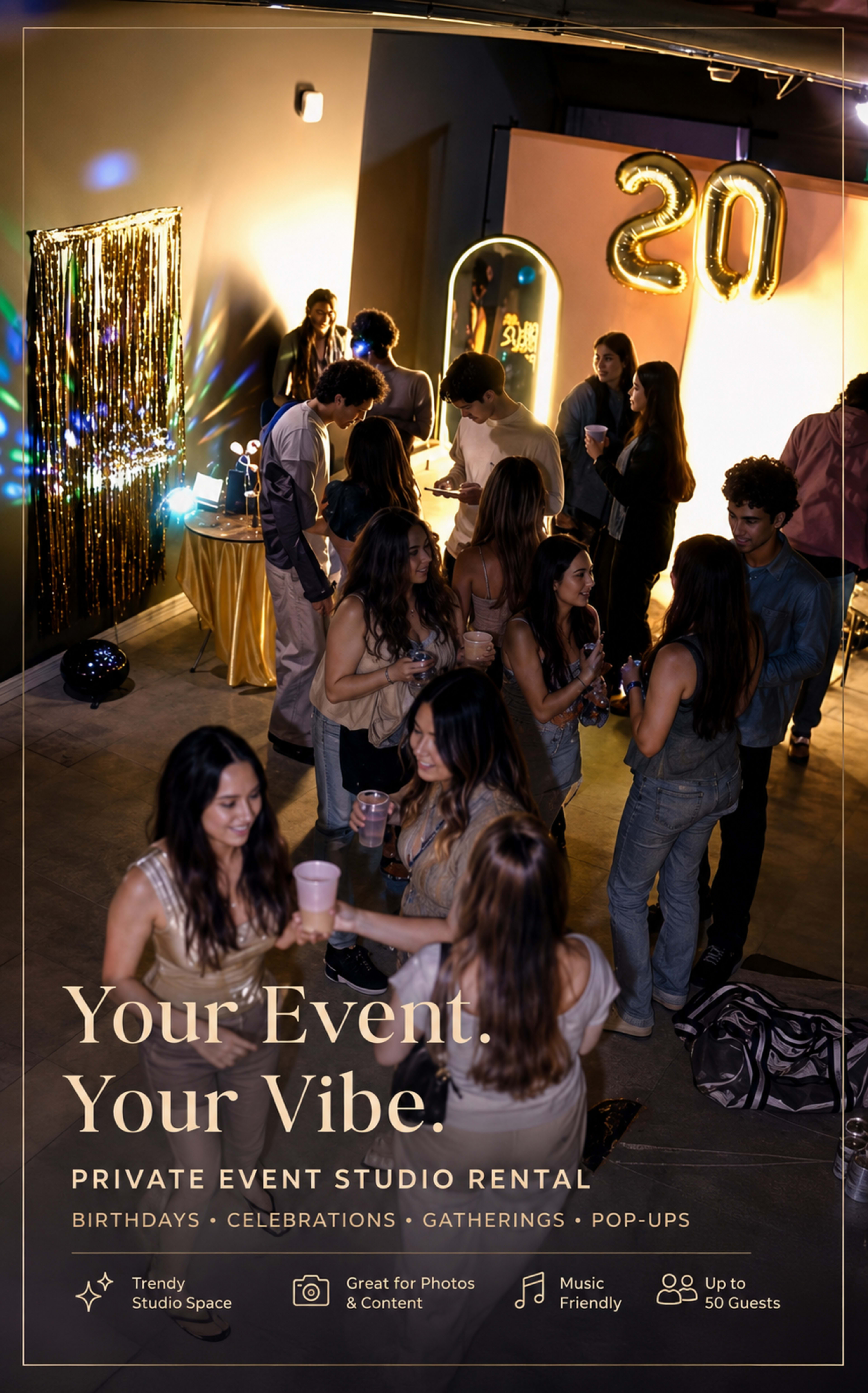 A group of people socialize at a private event studio adorned with decorations, including a golden "20" and a shimmering backdrop, while various activities and mingling take place.