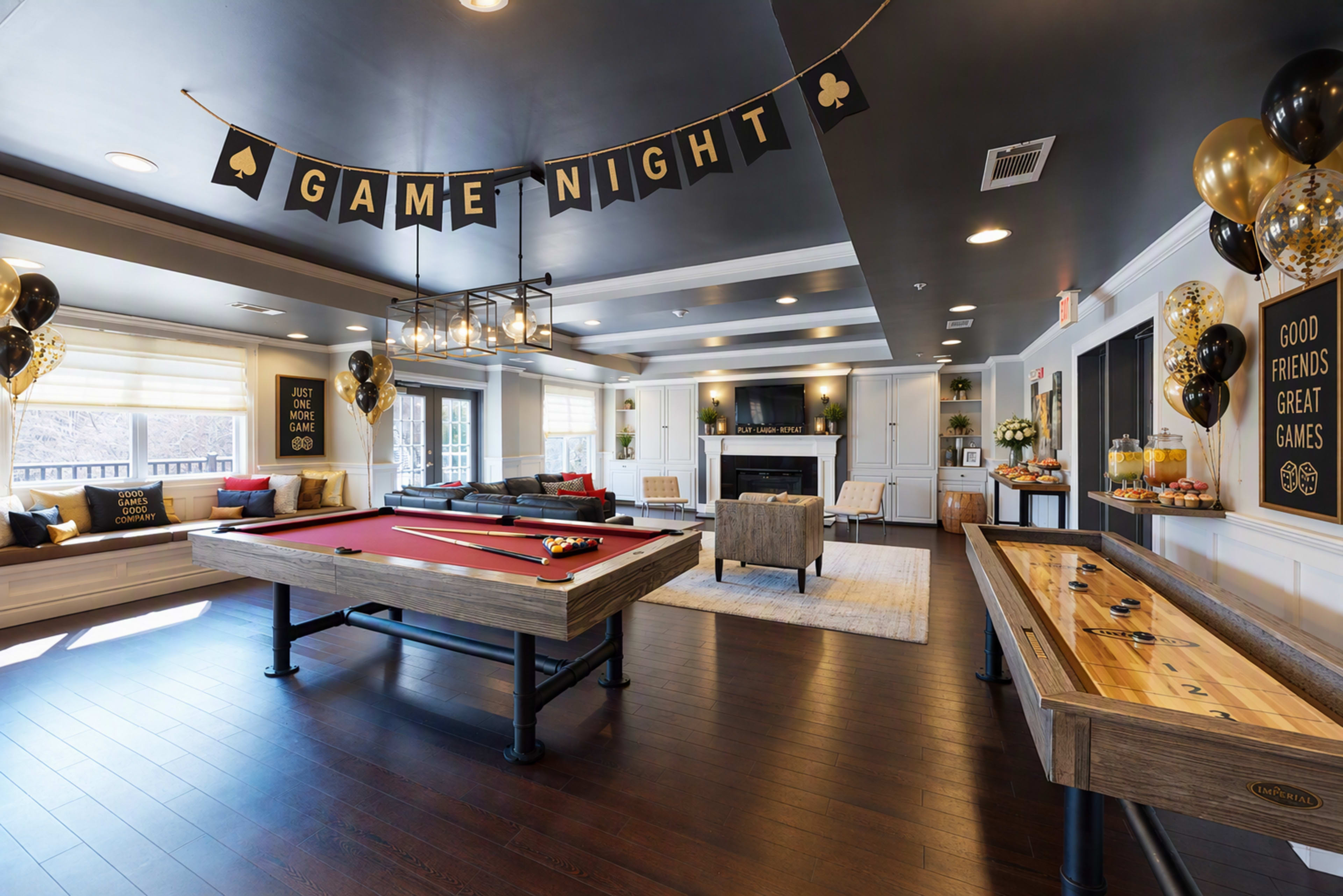 The image shows a spacious game room featuring a pool table, a shuffleboard table, festive decorations including a "Game Night" banner, and seating areas with a cozy atmosphere.