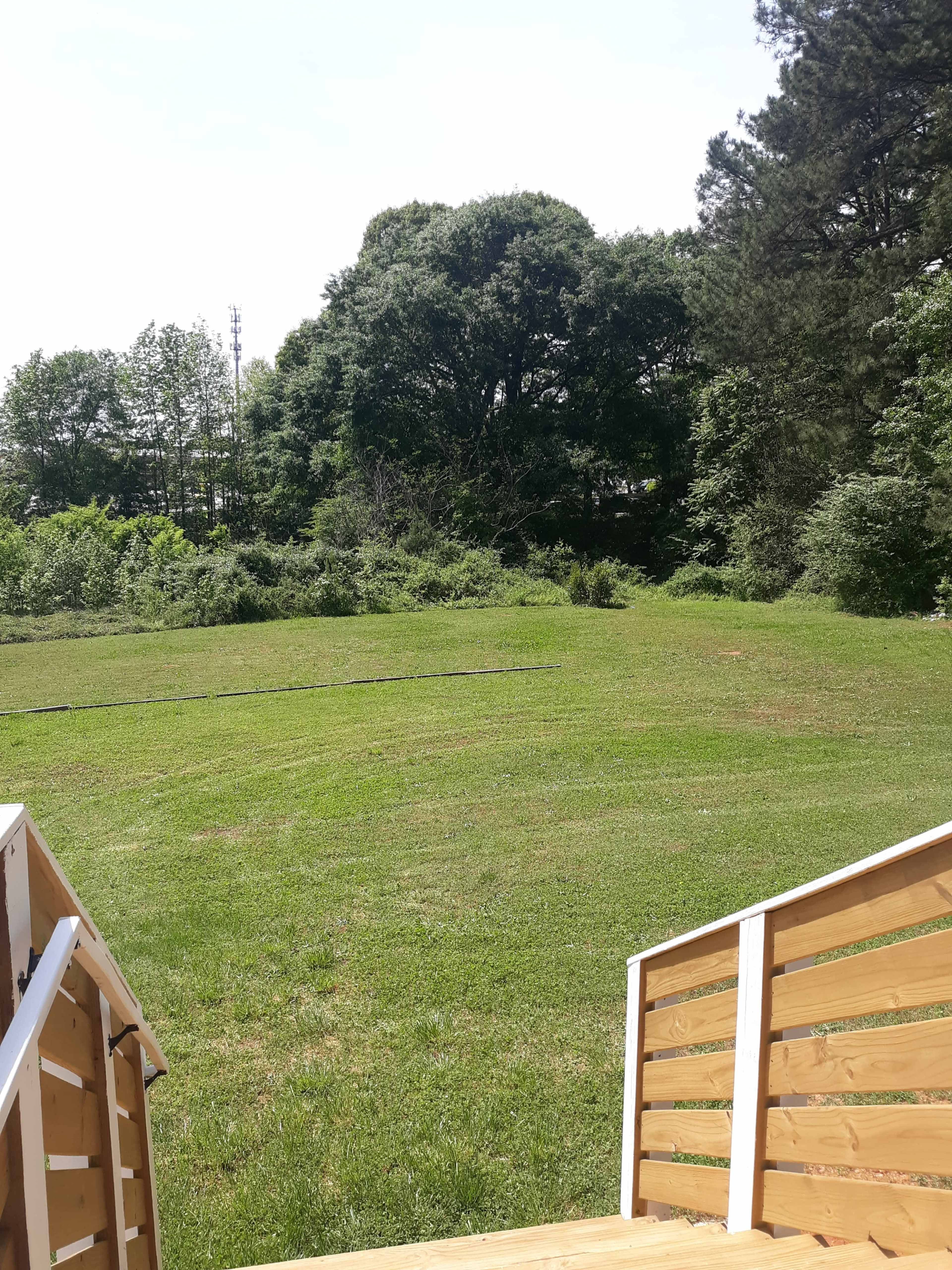 A wooden staircase leads down to a grassy area bordered by trees under a clear sky.