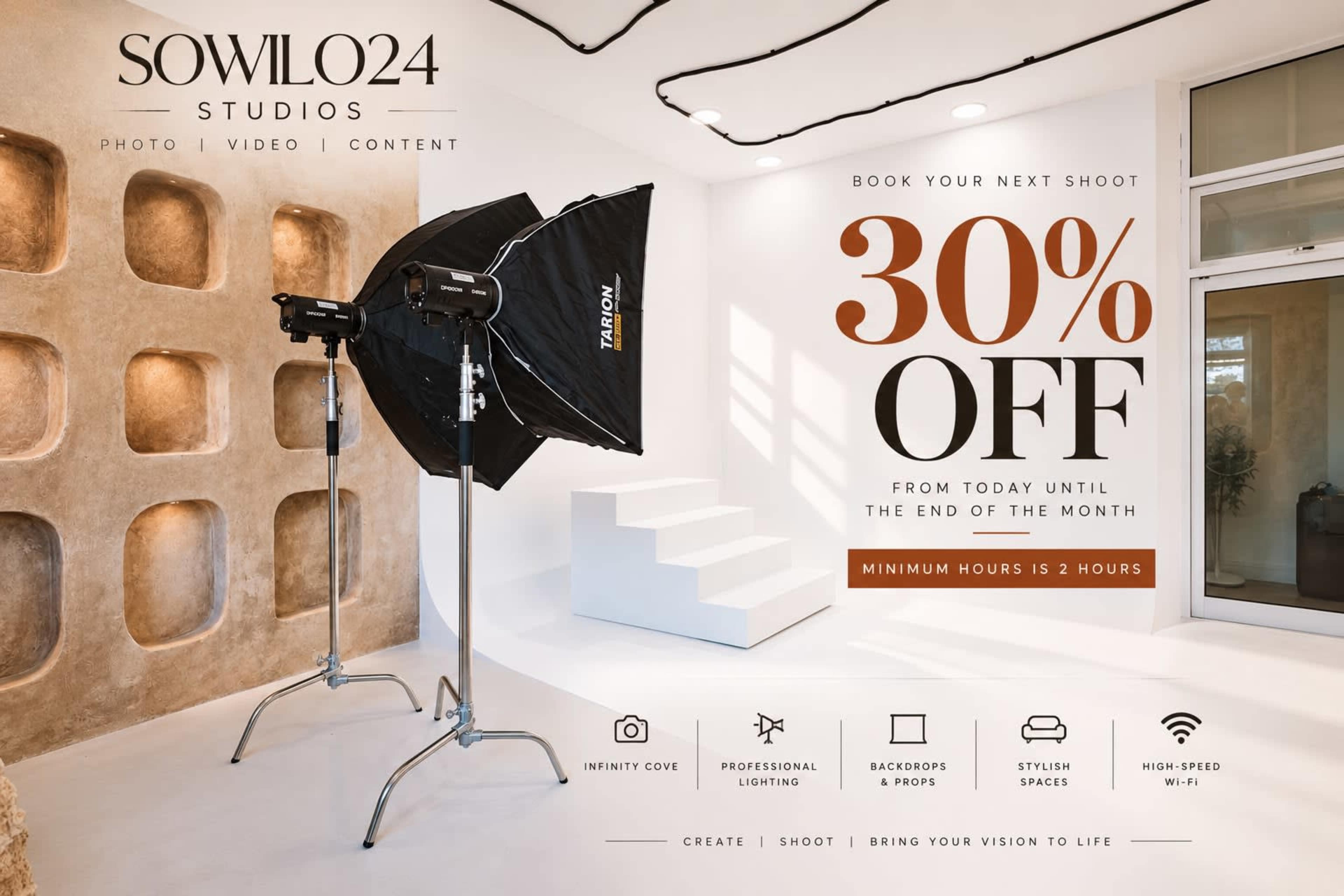 The image features a modern photo studio with a light setup, spacious white walls, and a textured backdrop, promoting a 30% discount for bookings.