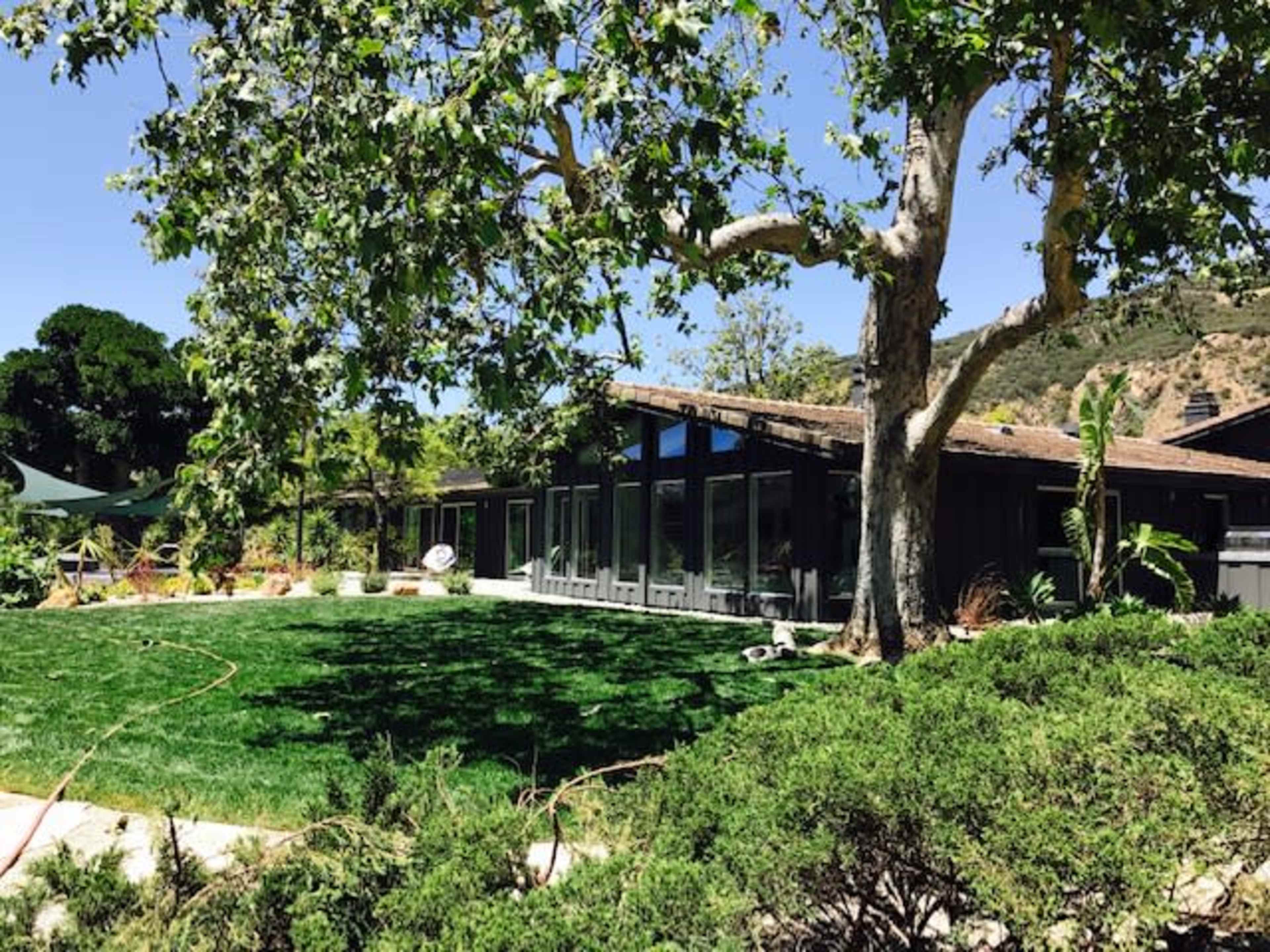 The image shows a modern, single-story house with large windows overlooking a well-manicured lawn and surrounded by trees and shrubs.