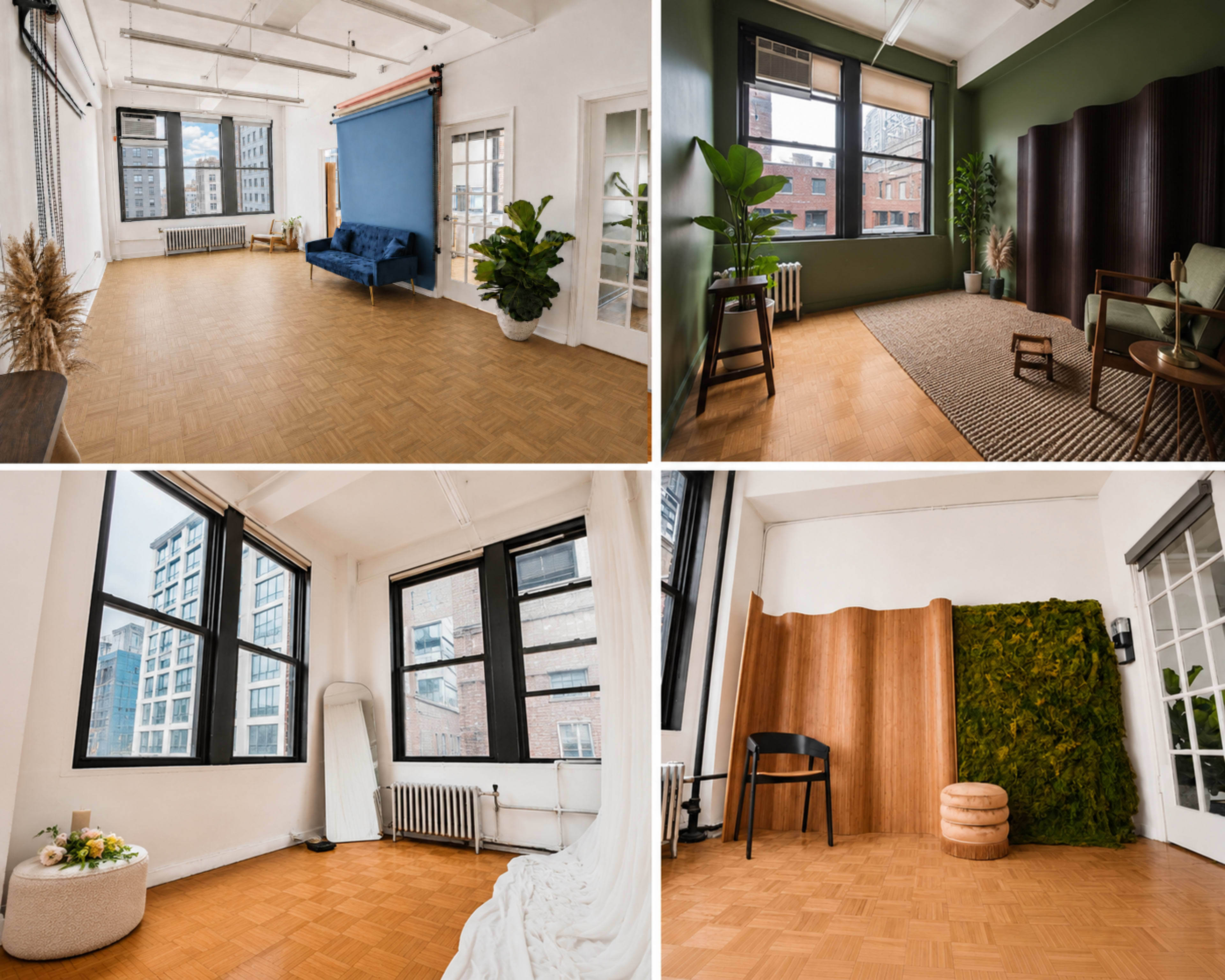 The image features four different indoor spaces, each showcasing distinct design elements, including various furnishings and wall colors.
