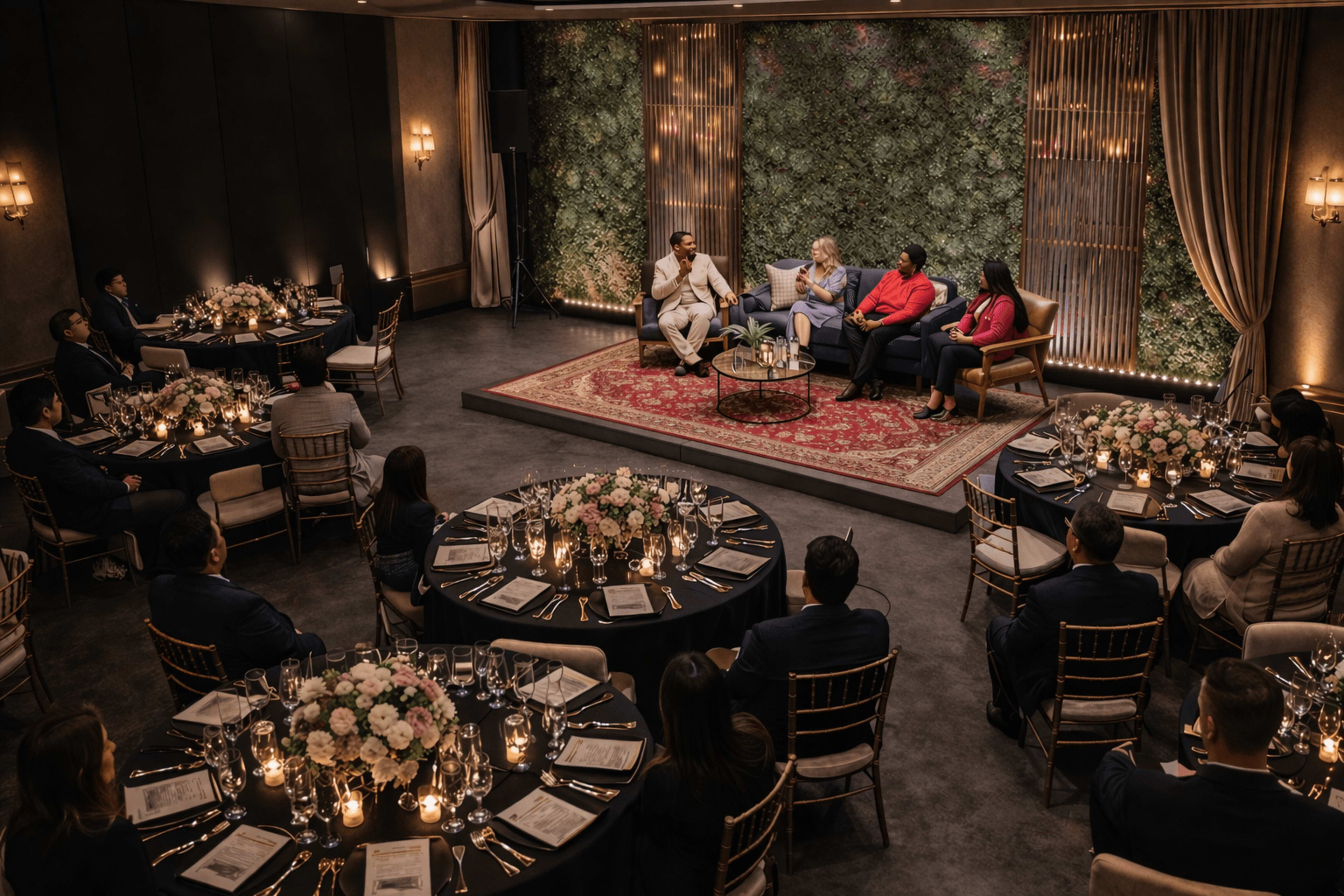 A group of people sits at elegantly set tables in a dimly lit room while a panel of four individuals engages in discussion on a stage decorated with greenery.