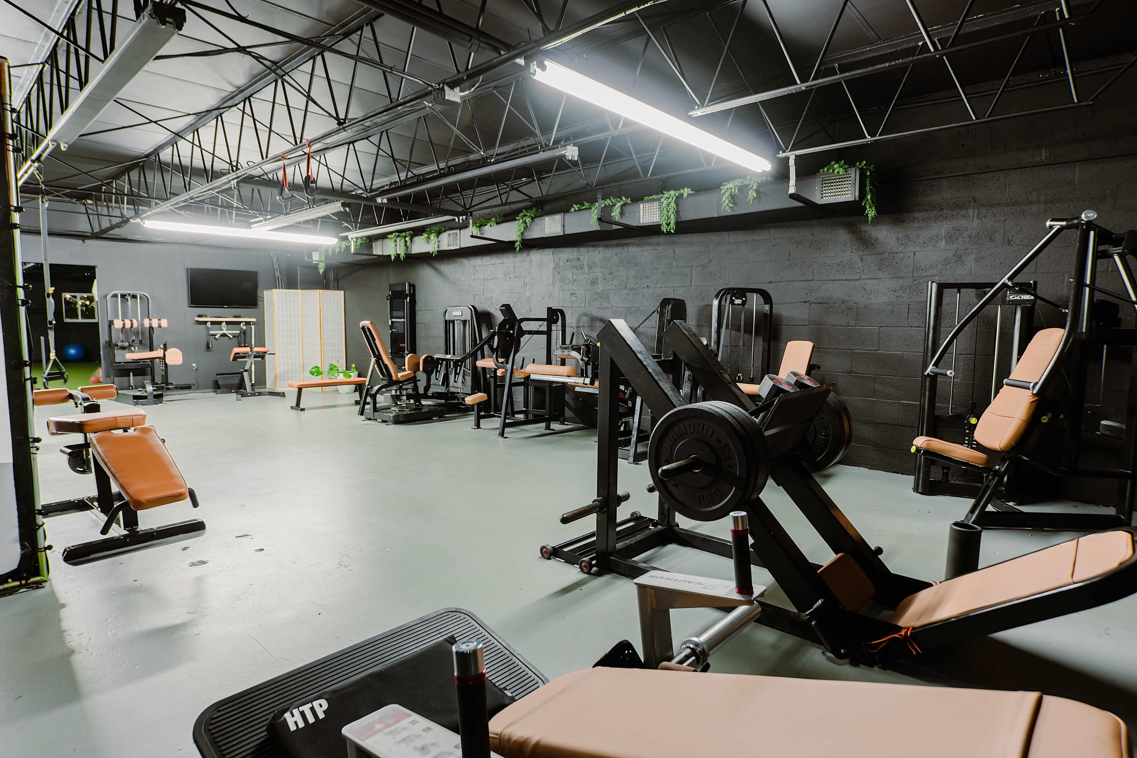 The image shows a gym interior featuring various exercise machines and equipment arranged on a sleek floor with a black and green color scheme.