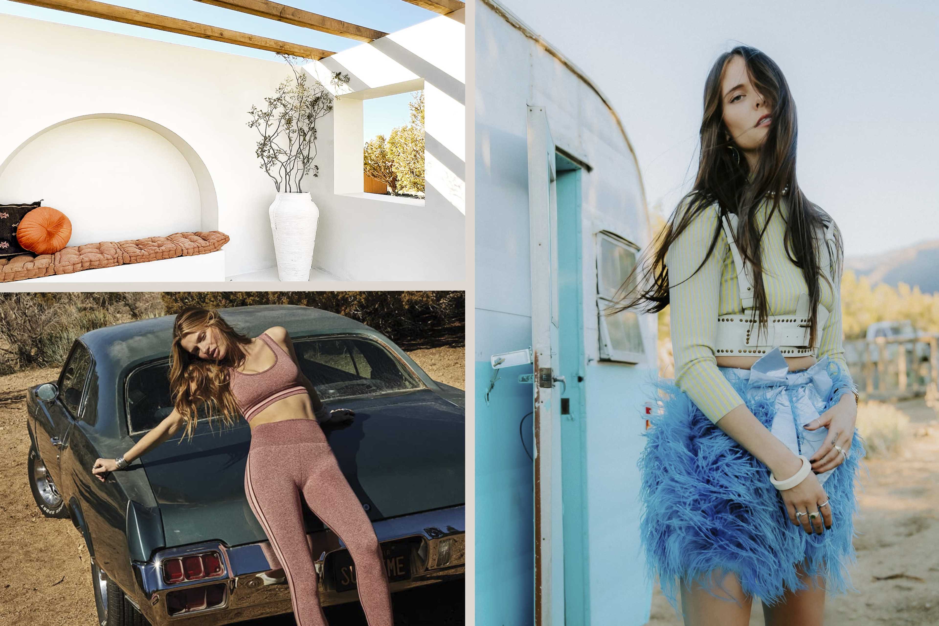 Of three scenes: a minimalist interior featuring a white wall and a potted plant, a woman posing on the hood of a vintage car wearing athletic clothing, and a woman standing next to a vintage trailer in a blue skirt.