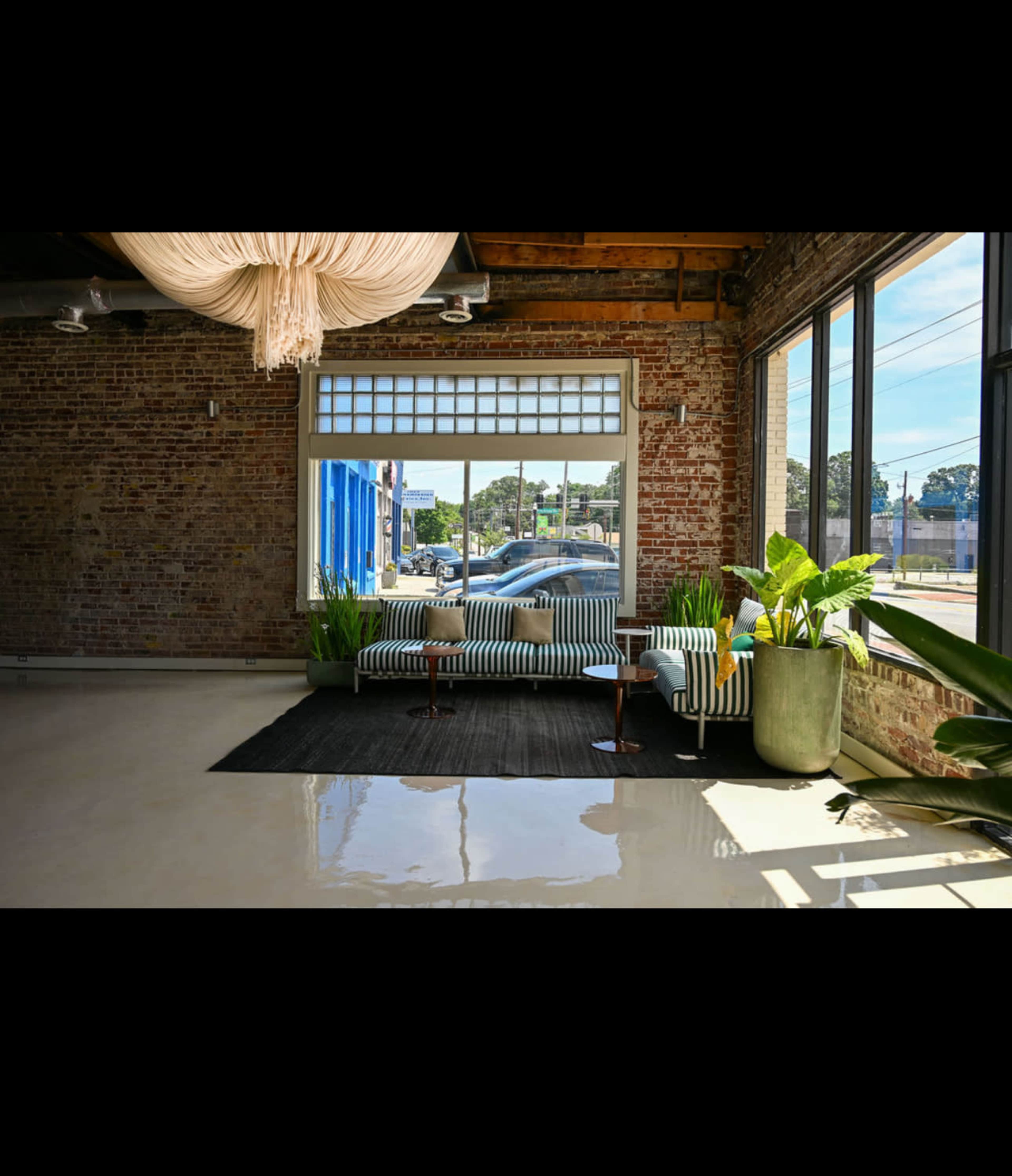 The image shows a modern interior space featuring a striped sofa, a large potted plant, and large windows that allow natural light to illuminate the room.