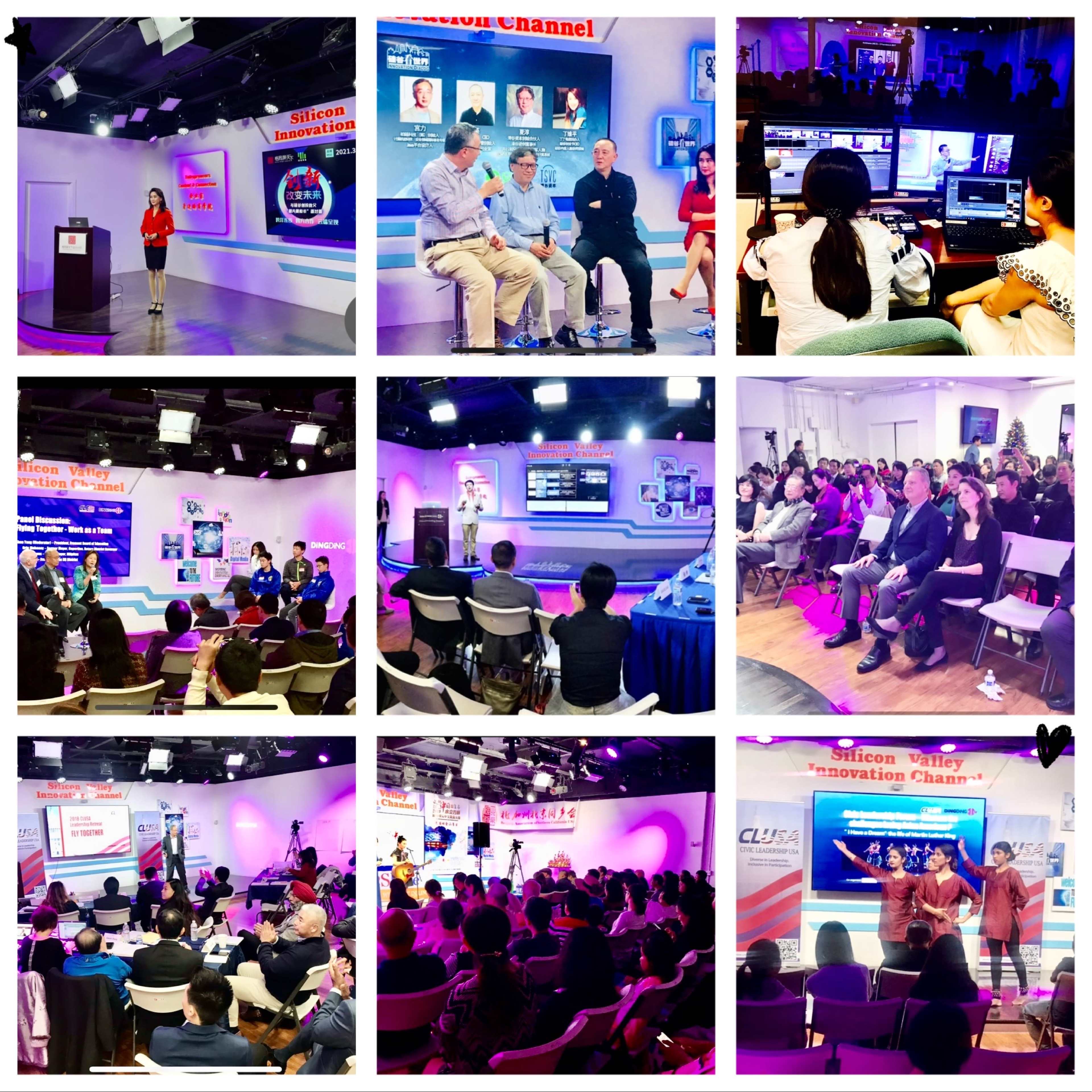 The image displays a series of scenes from a Silicon Valley event featuring presentations, panel discussions, and audience interactions in a modern studio setting.