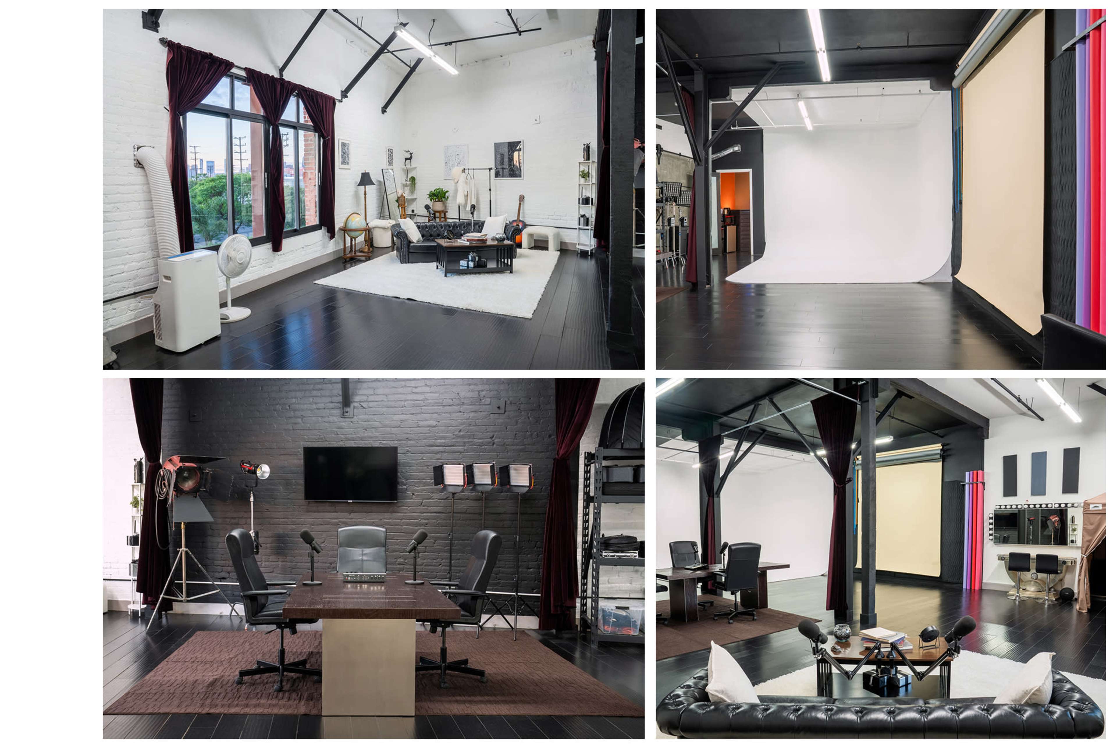The image showcases a spacious studio with various settings, including a living area with furniture, a minimalist backdrop for photography, a conference room with a large table and chairs, and a stylized lounge space.