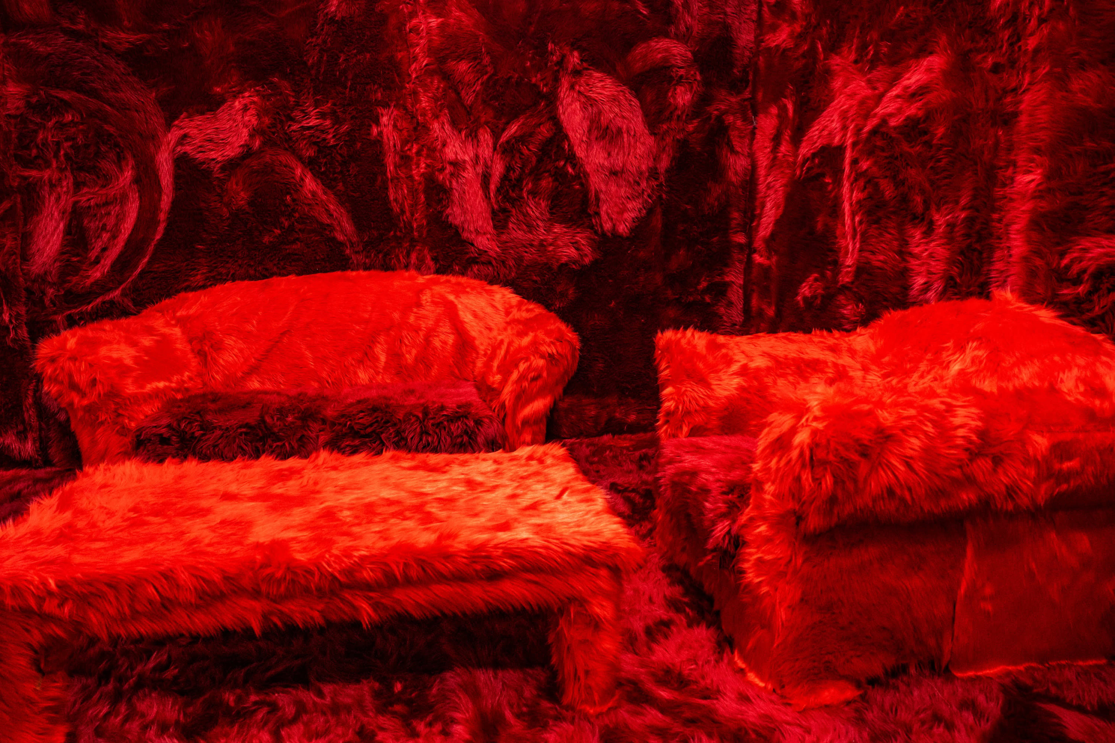 The image features two plush, fur-covered couches set against a similarly textured red background.