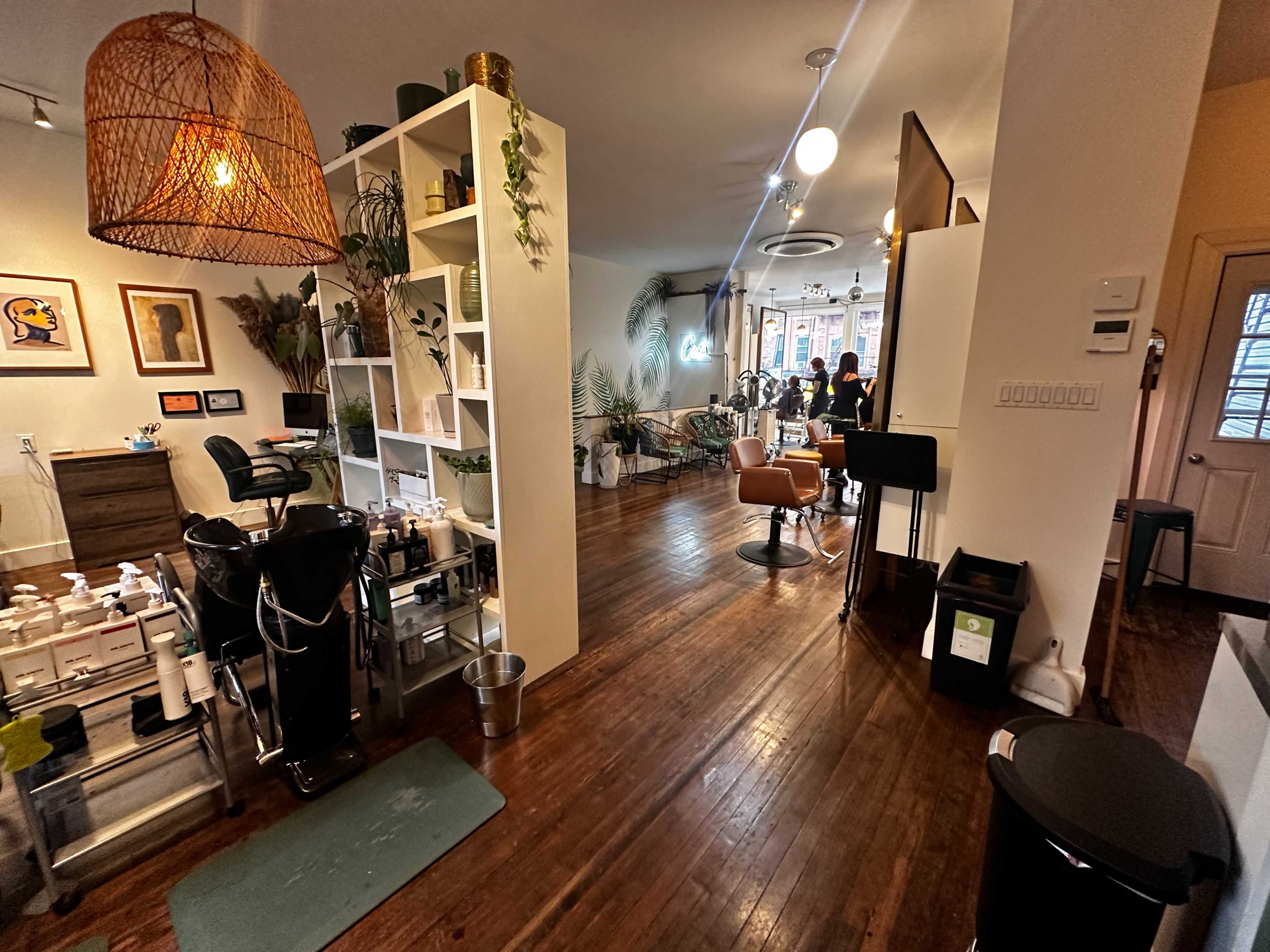 The image showcases a spacious salon interior featuring wooden flooring, various plants, and styling stations with chairs, mirrors, and salon equipment.