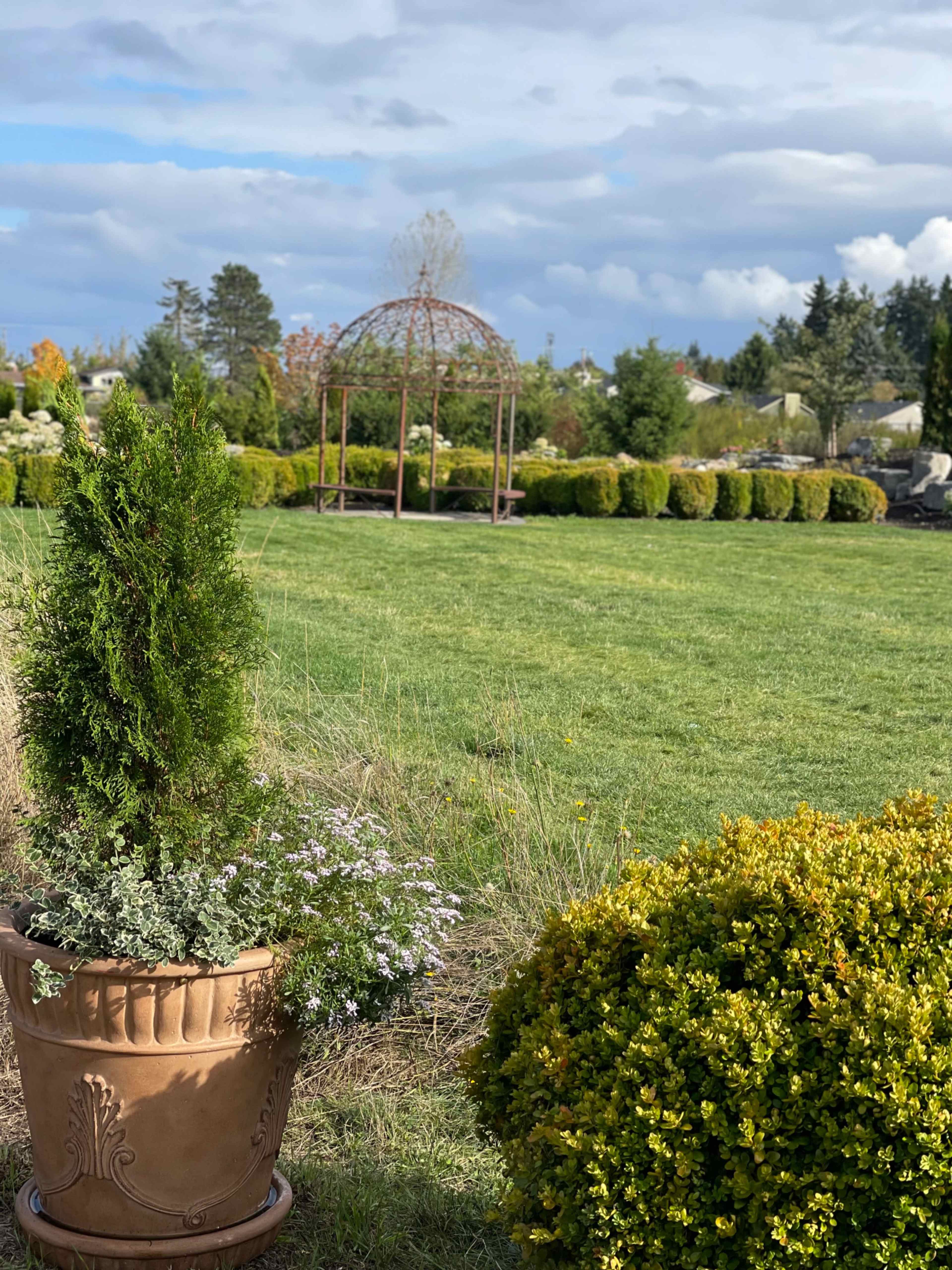 A landscaped garden features a gazebo in the distance, surrounded by neatly trimmed hedges and potted plants in the foreground.