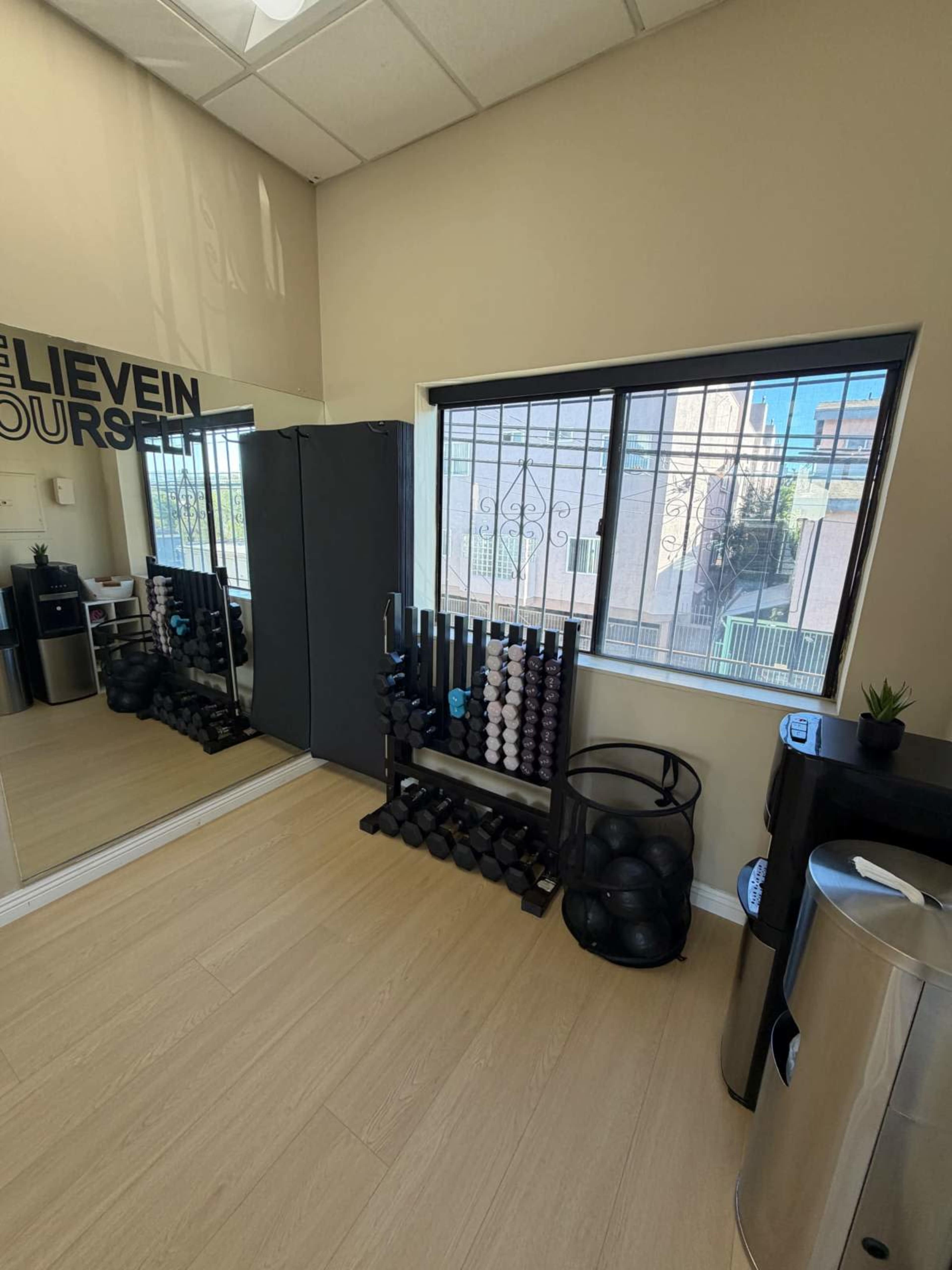 The image shows a fitness studio with exercise equipment, including free weights organized on a rack, a mirror on one wall, and large windows providing natural light.