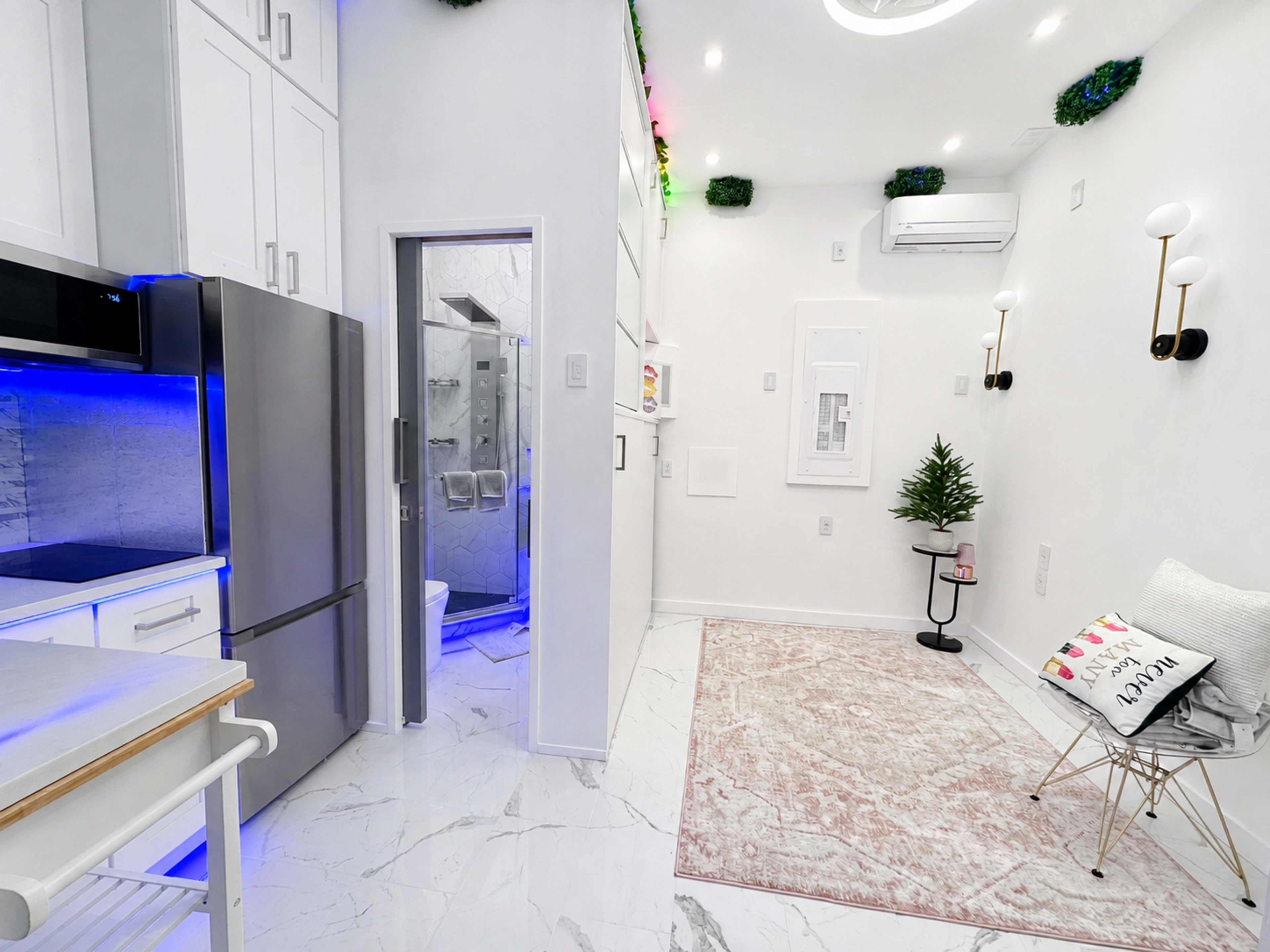 The image shows a modern, compact kitchen area with sleek appliances, a soft rug, and a small seating space in a brightly lit room with white walls and decorative plants.