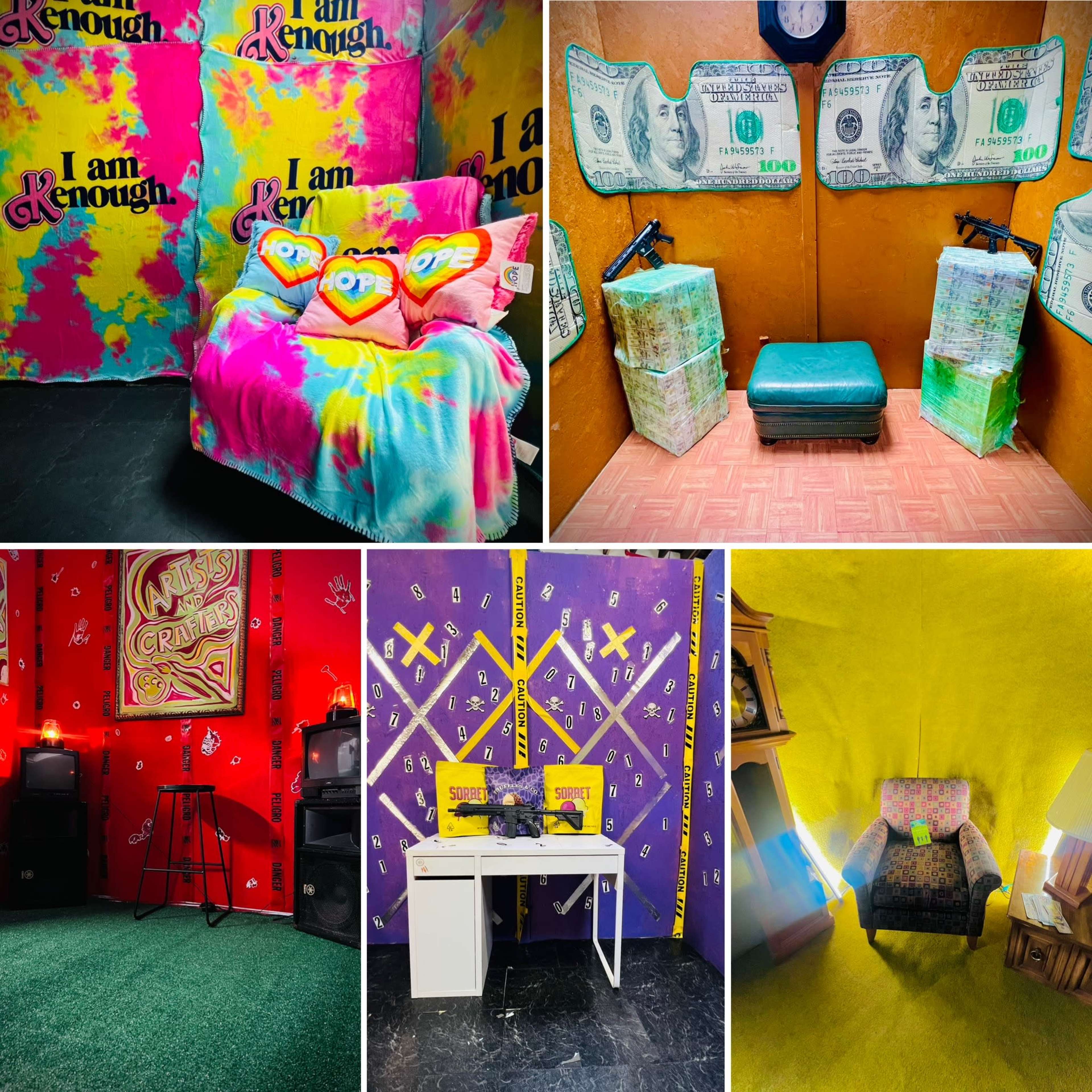 The image features a collage of brightly colored themed rooms, each decorated with vibrant wallpaper, seating, and various props, showcasing a playful and artistic atmosphere.