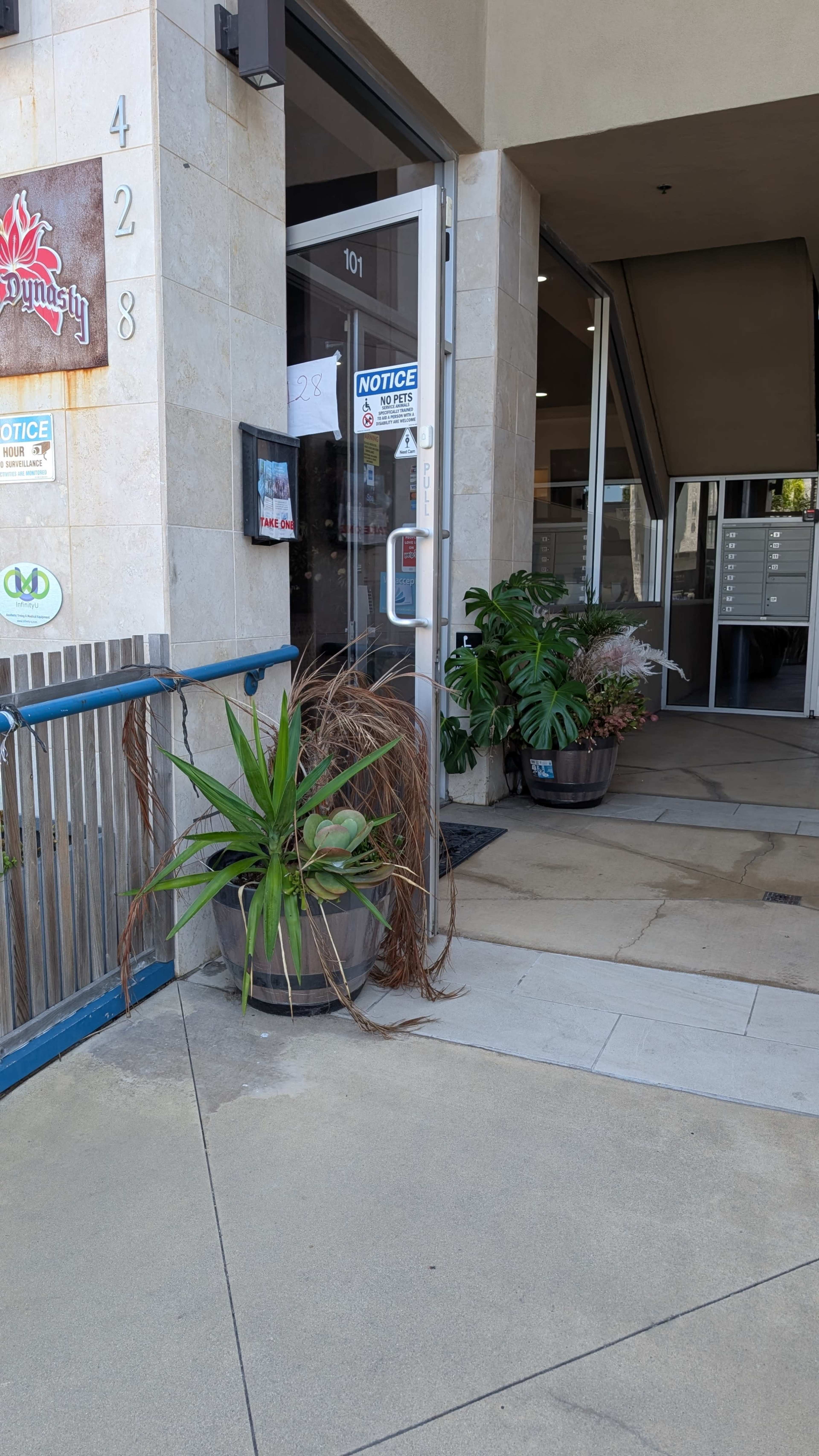 The image shows the entrance of a building with a potted plant near the door, alongside a sign with notices.