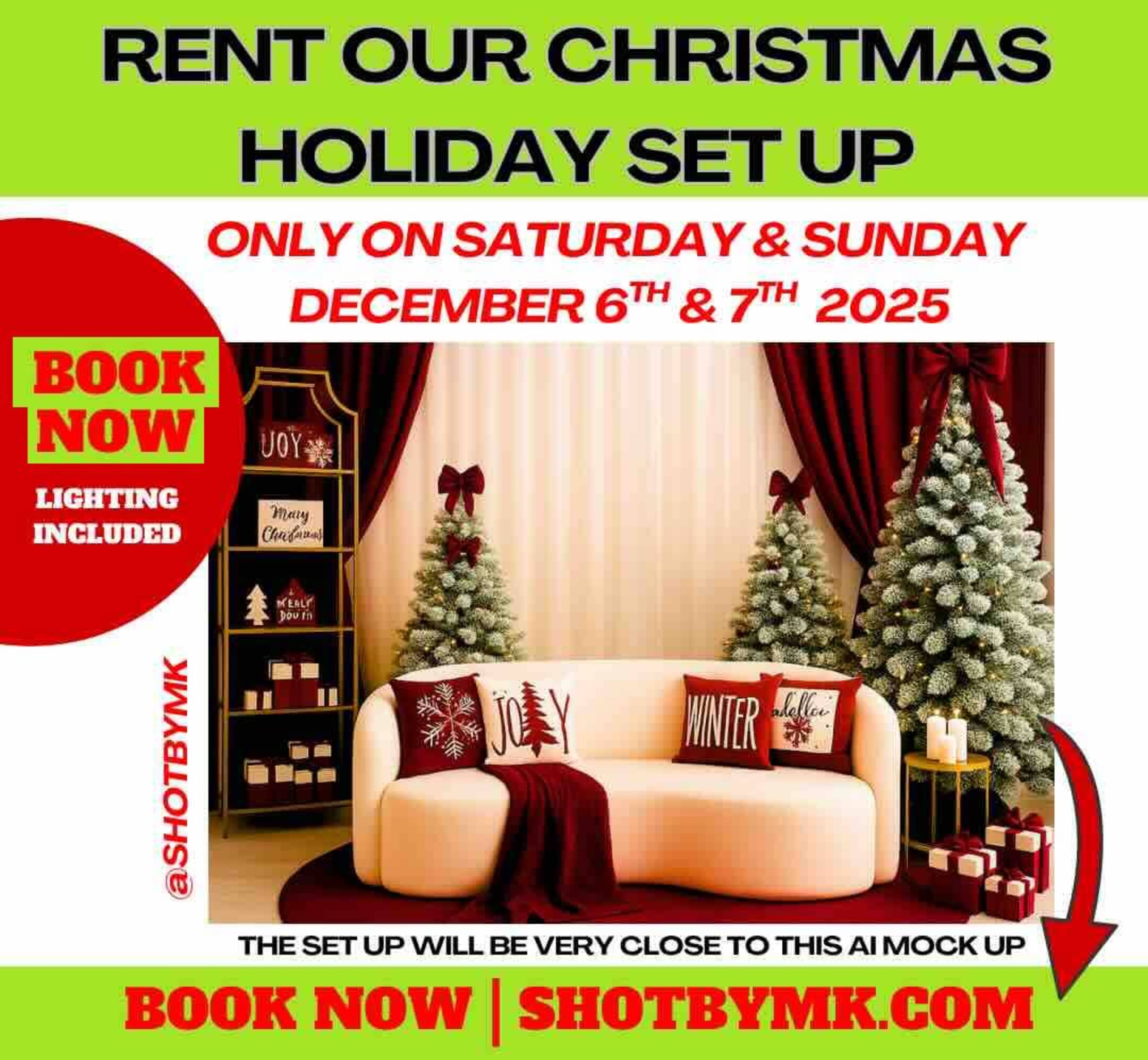 The image advertises a Christmas holiday setup available for rent on December 6th and 7th, 2025, featuring a decorated room with Christmas trees and festive decor.
