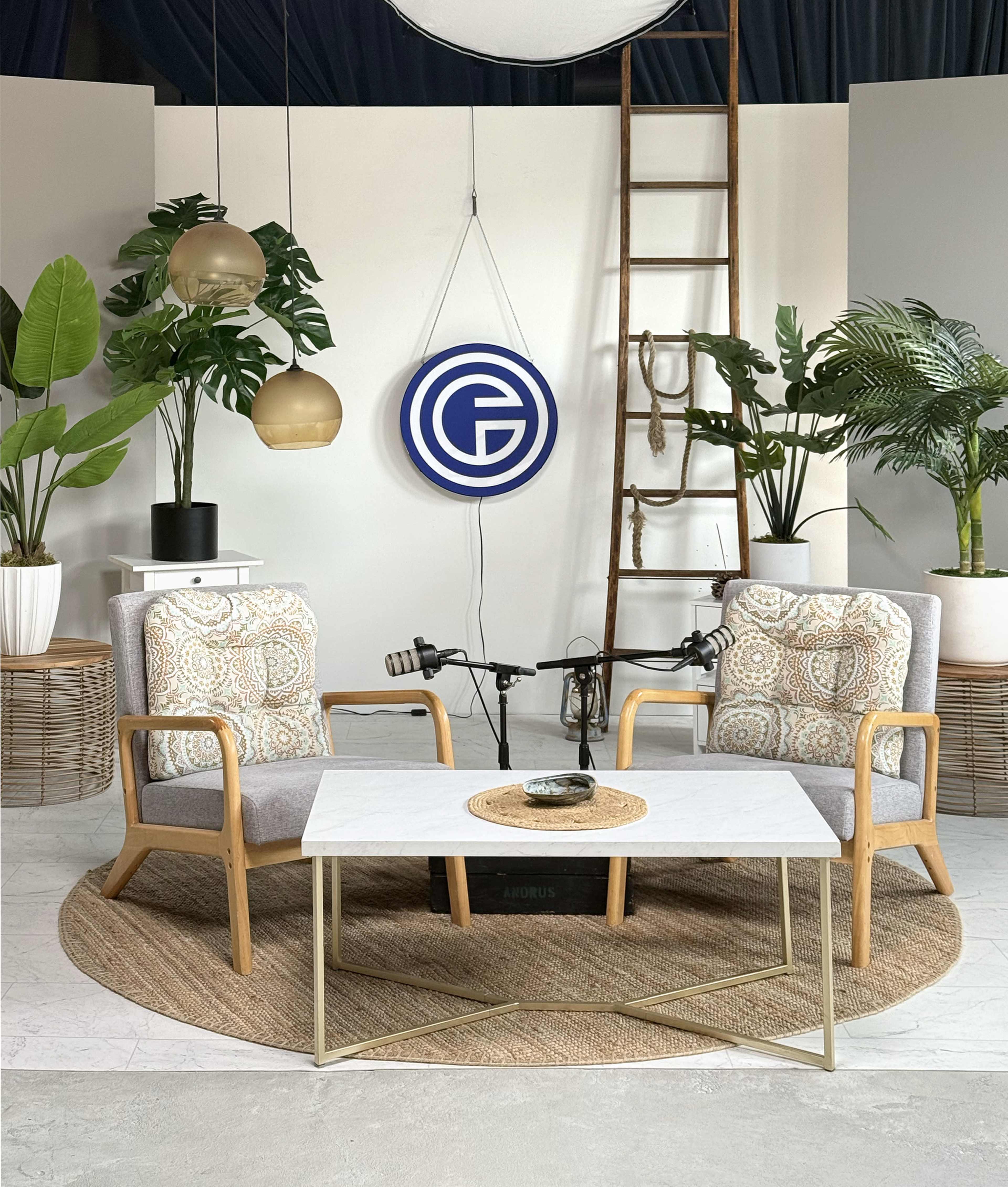 The image shows a modern interior setup featuring two wooden chairs with patterned cushions, a coffee table, indoor plants, and decorative elements against a neutral backdrop.