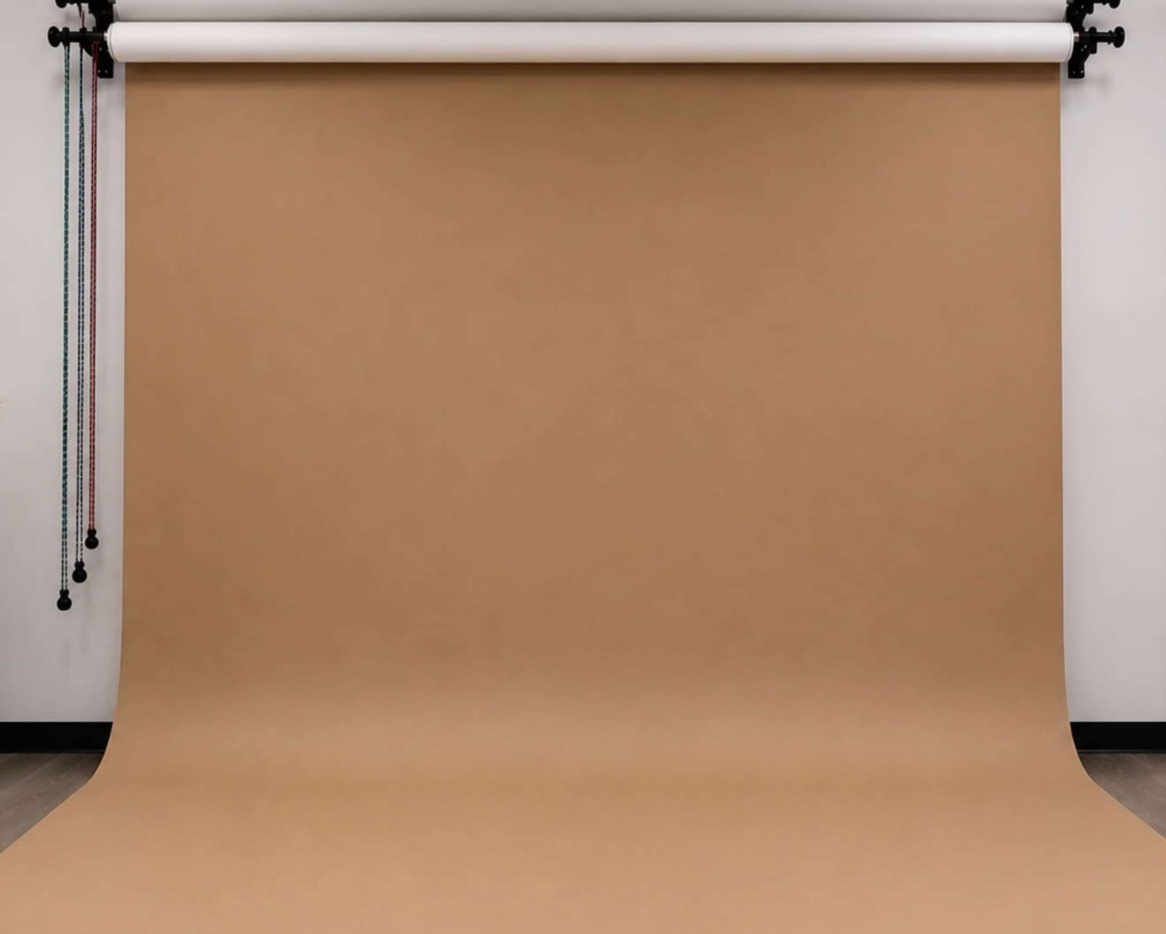 The image shows a seamless brown paper backdrop set up in a photography studio.