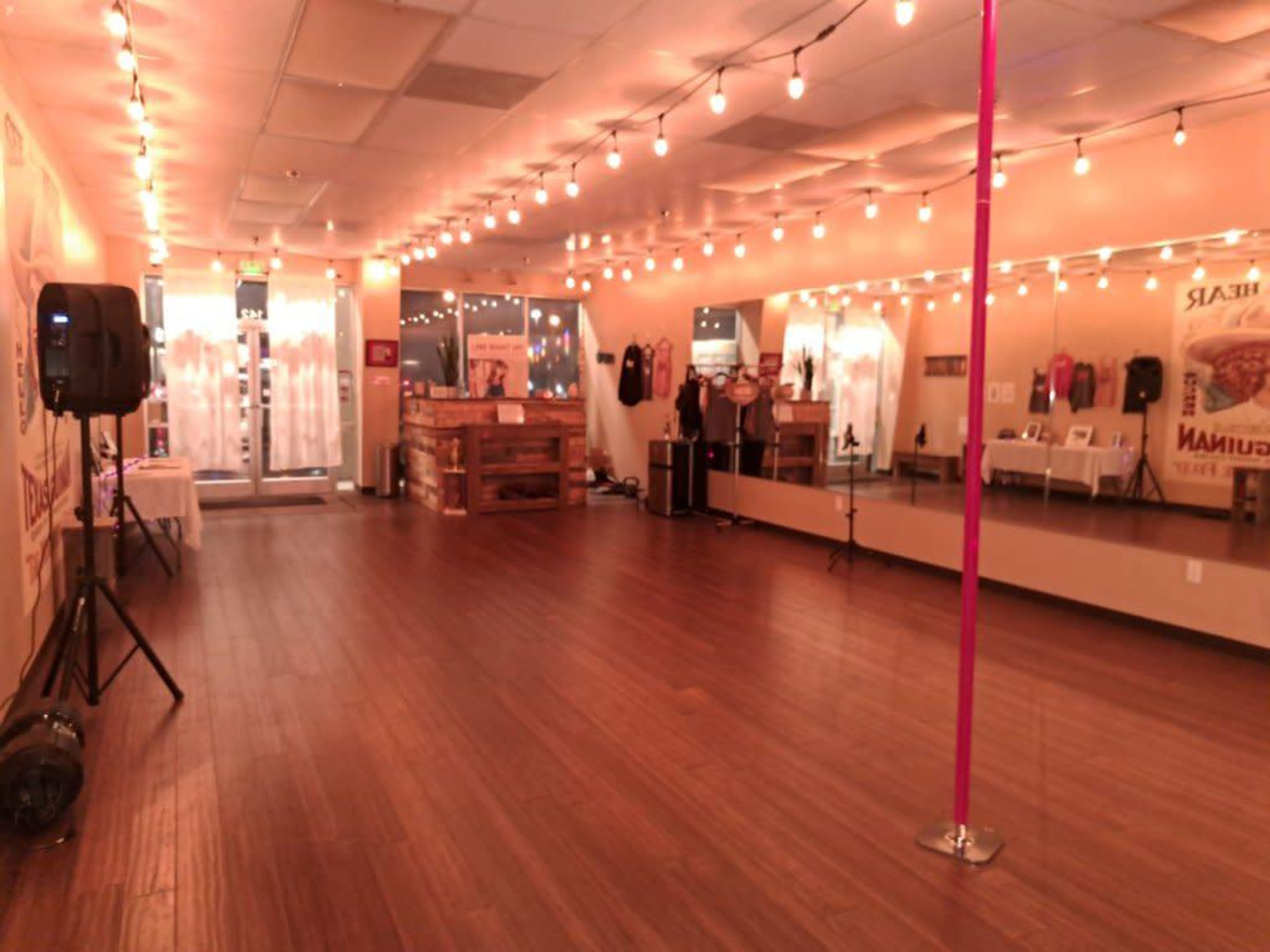 An empty dance studio featuring polished wooden floors, string lights overhead, a mirrored wall, and a pink dance pole.