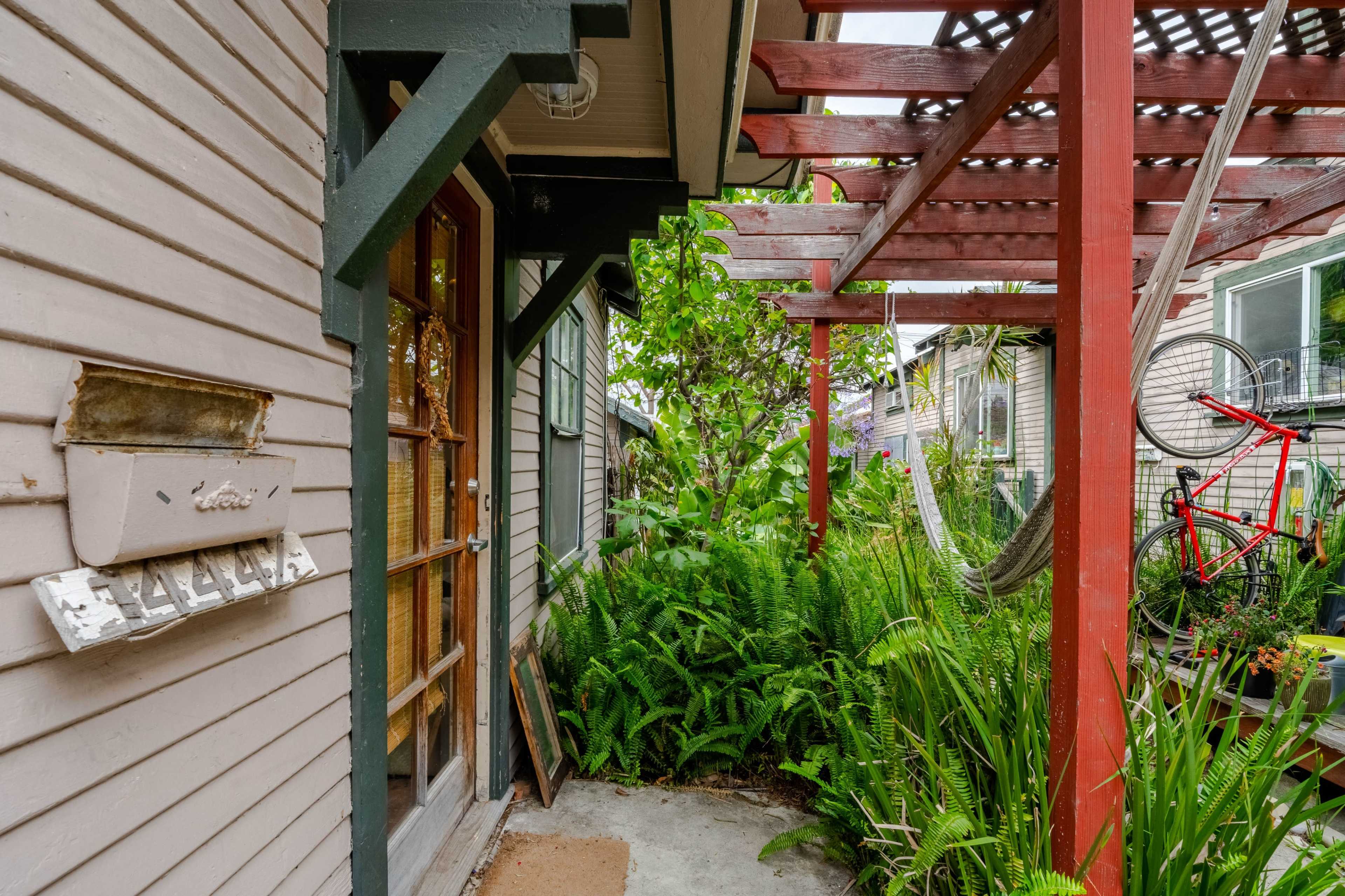 A narrow walkway beside a house, flanked by lush green plants and a wooden pergola, with a bicycle hanging on a nearby structure.