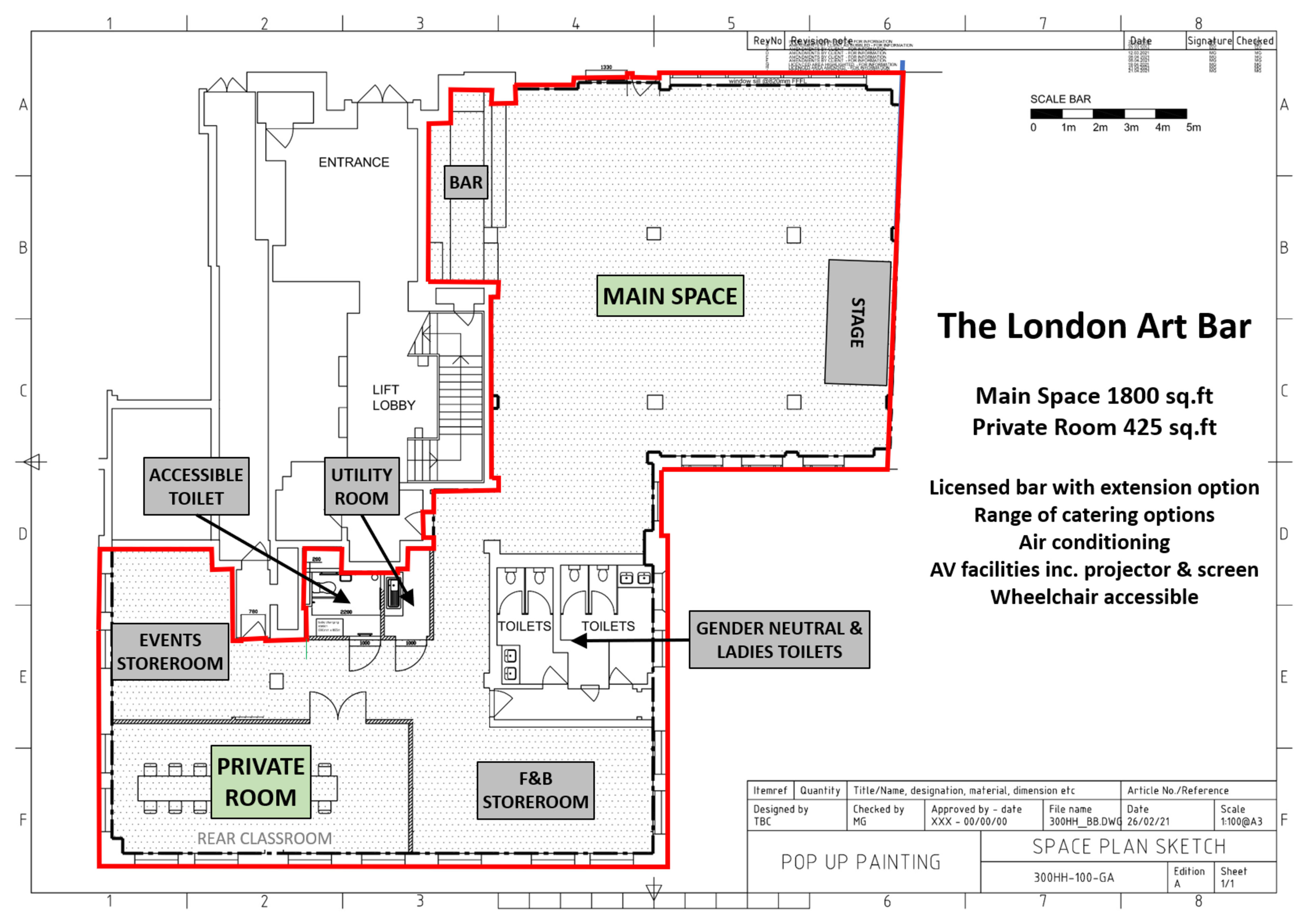 The image is a floor plan of the London Art Bar, showcasing the layout of the main space, private room, bar, and utility areas, along with facilities like restrooms and accessible features.