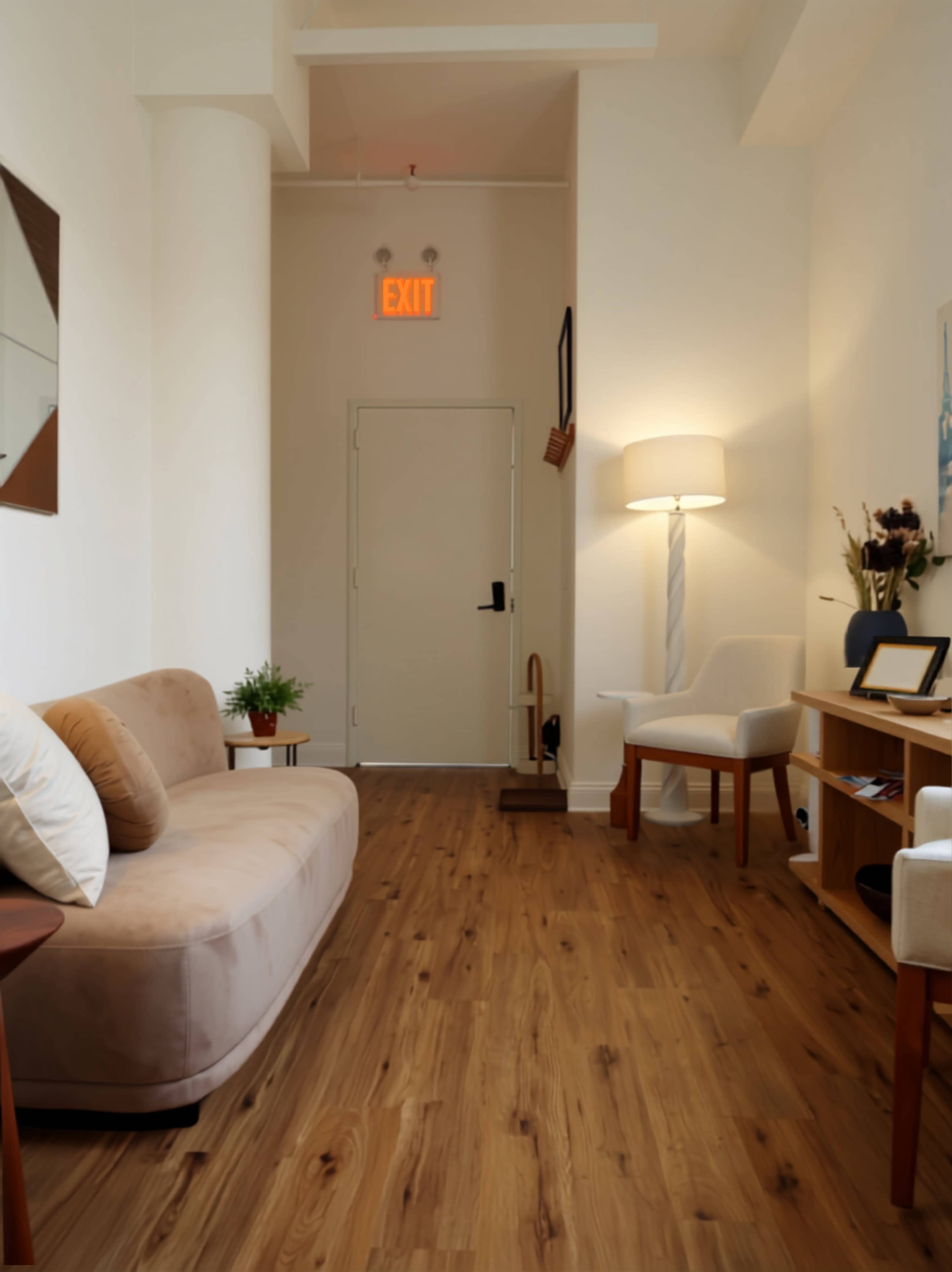 The image shows a well-lit hallway with a beige couch, a small plant, a wooden console table, and a standing lamp, leading to a closed door with an exit sign above it.